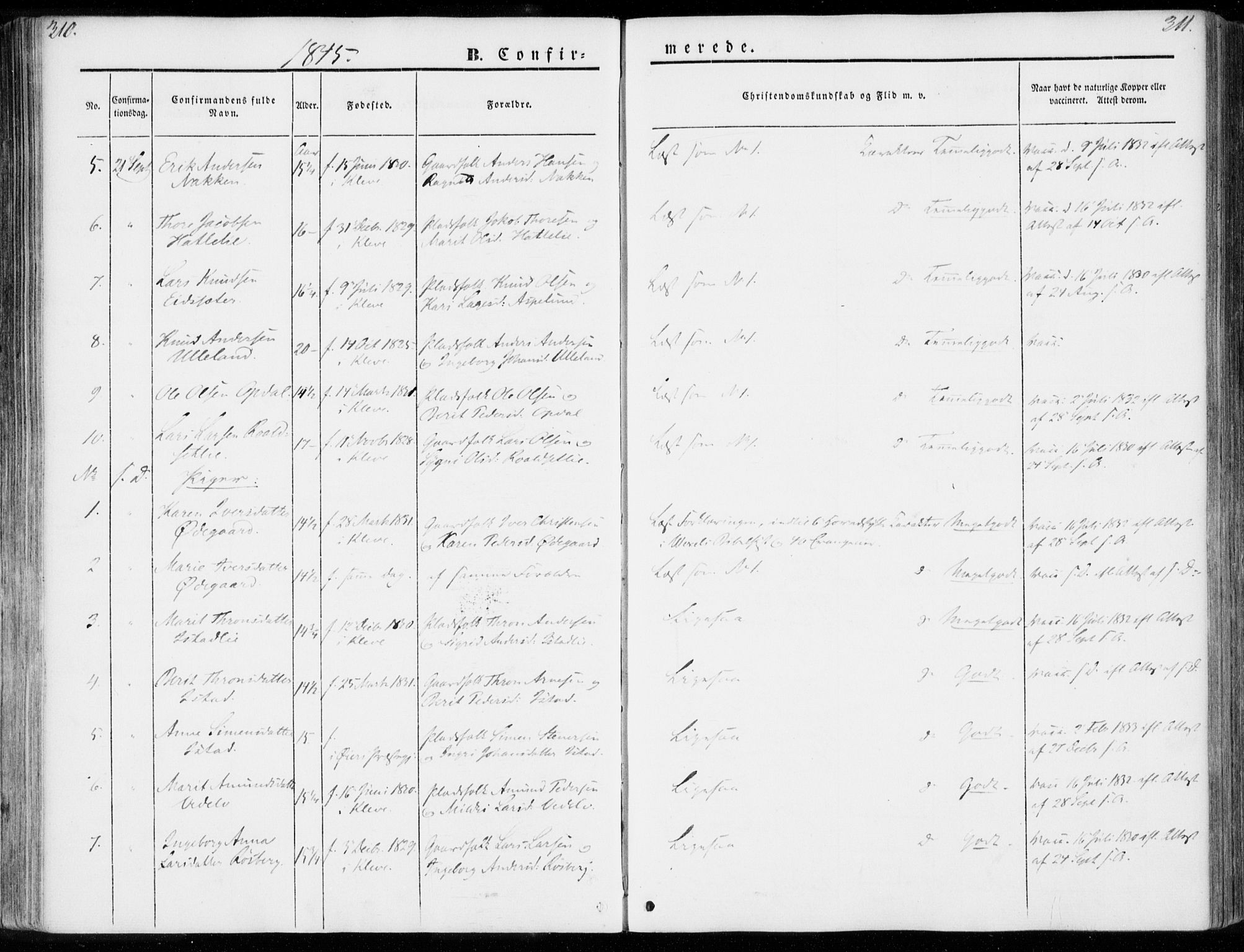 Ministerialprotokoller, klokkerbøker og fødselsregistre - Møre og Romsdal, SAT/A-1454/557/L0680: Parish register (official) no. 557A02, 1843-1869, p. 310-311
