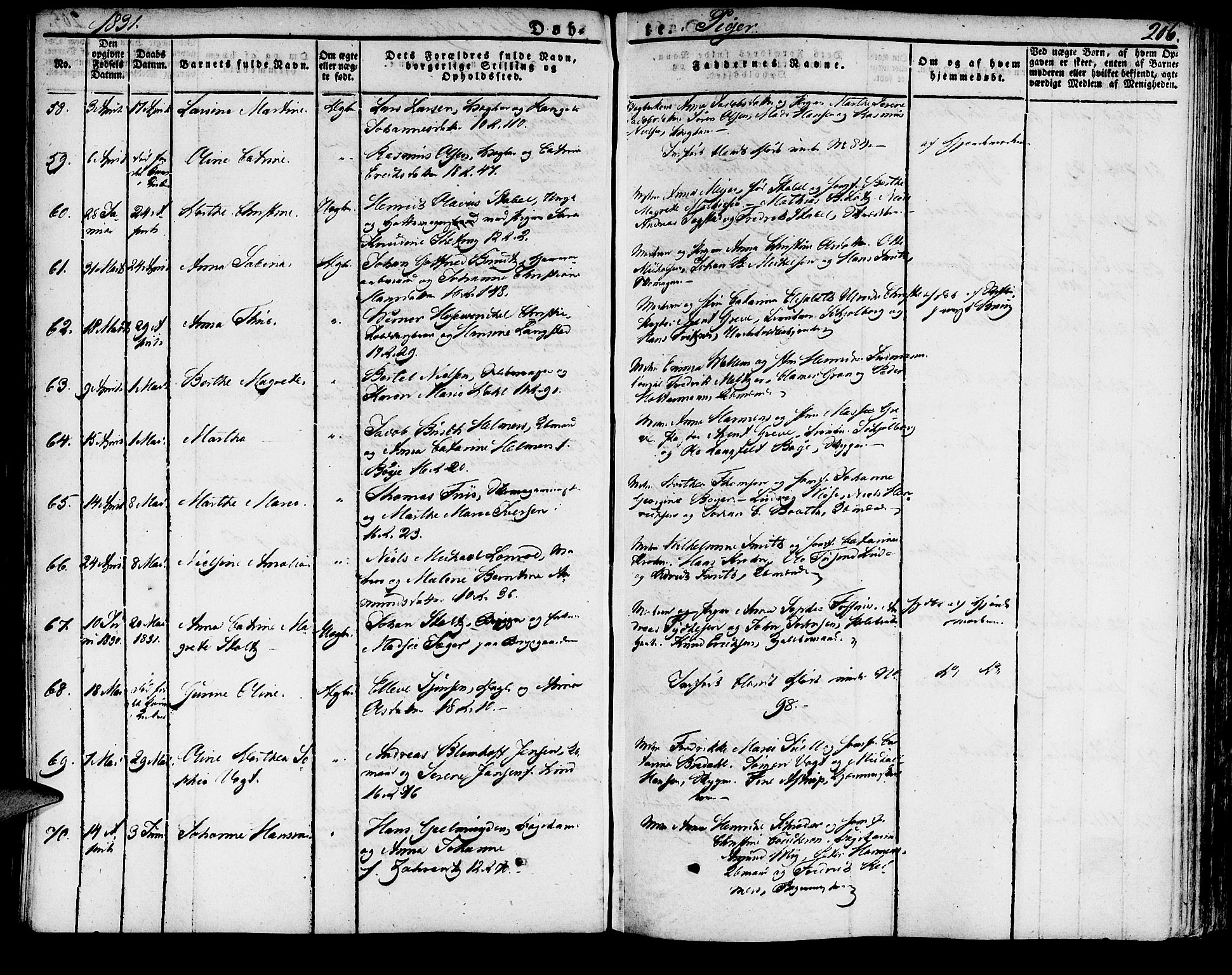 Domkirken sokneprestembete, SAB/A-74801/H/Haa/L0012: Parish register (official) no. A 12, 1821-1840, p. 206