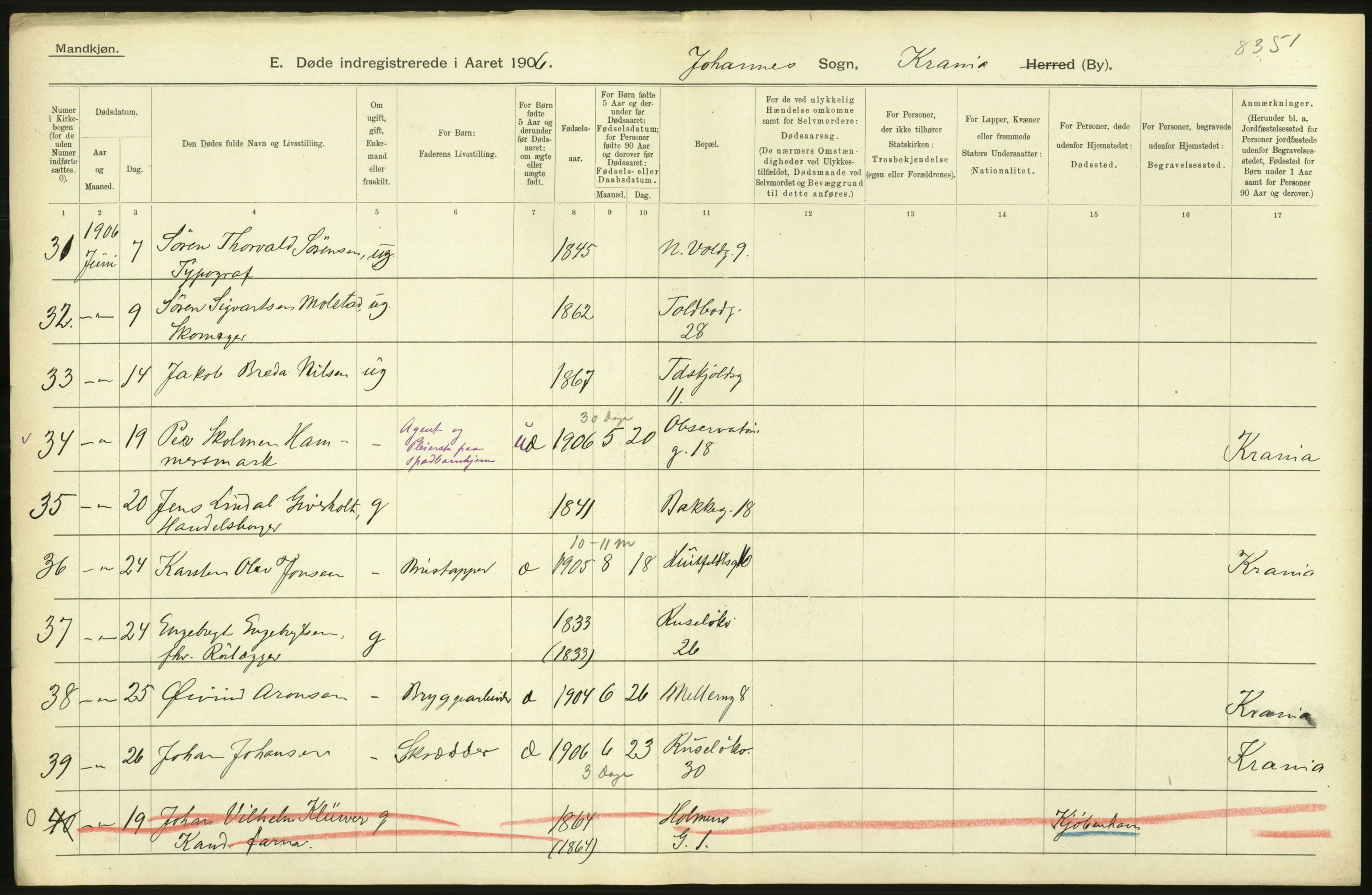 Statistisk sentralbyrå, Sosiodemografiske emner, Befolkning, AV/RA-S-2228/D/Df/Dfa/Dfad/L0010: Kristiania: Døde, dødfødte, 1906, p. 428