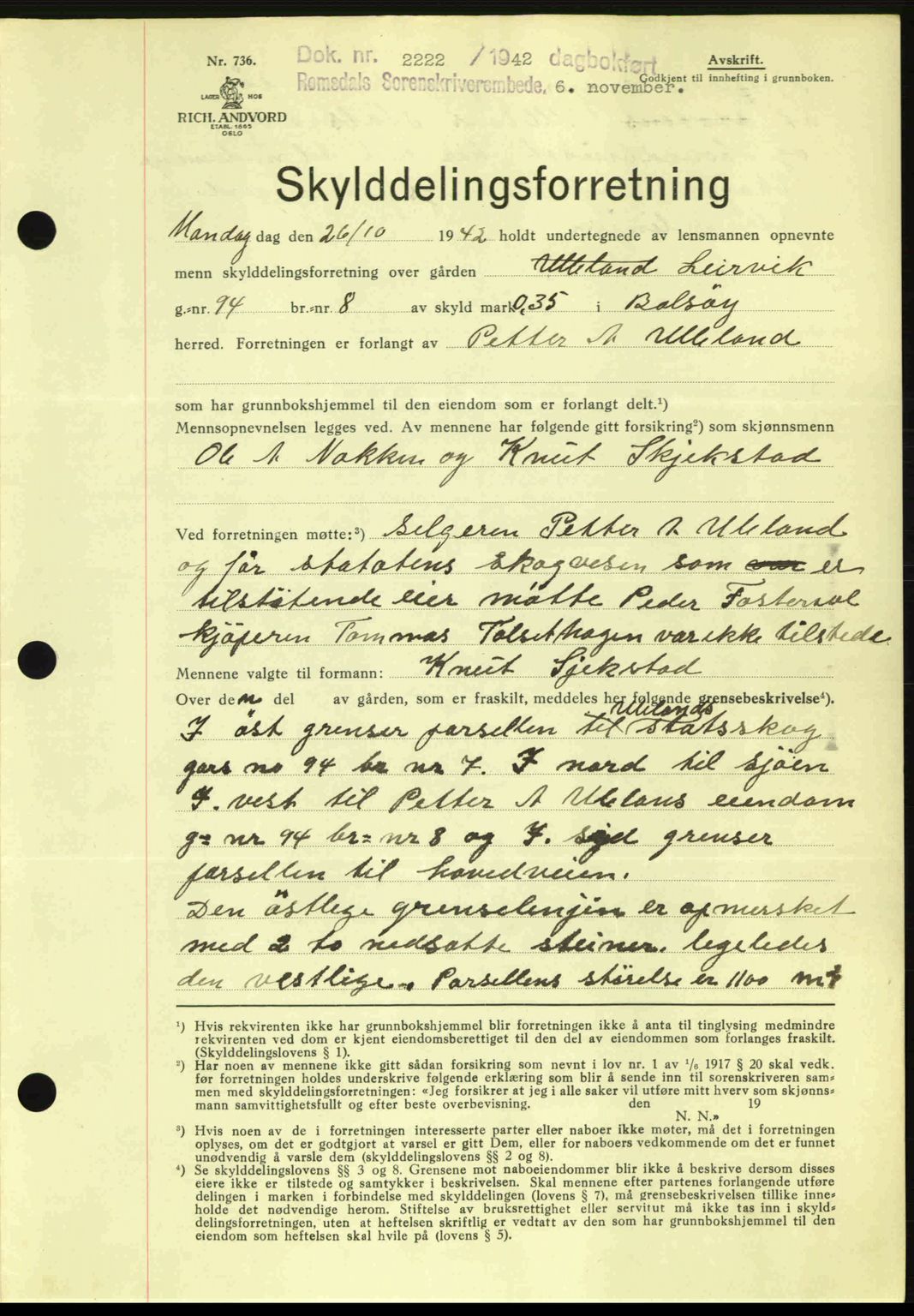 Romsdal sorenskriveri, AV/SAT-A-4149/1/2/2C: Mortgage book no. A13, 1942-1943, Diary no: : 2222/1942