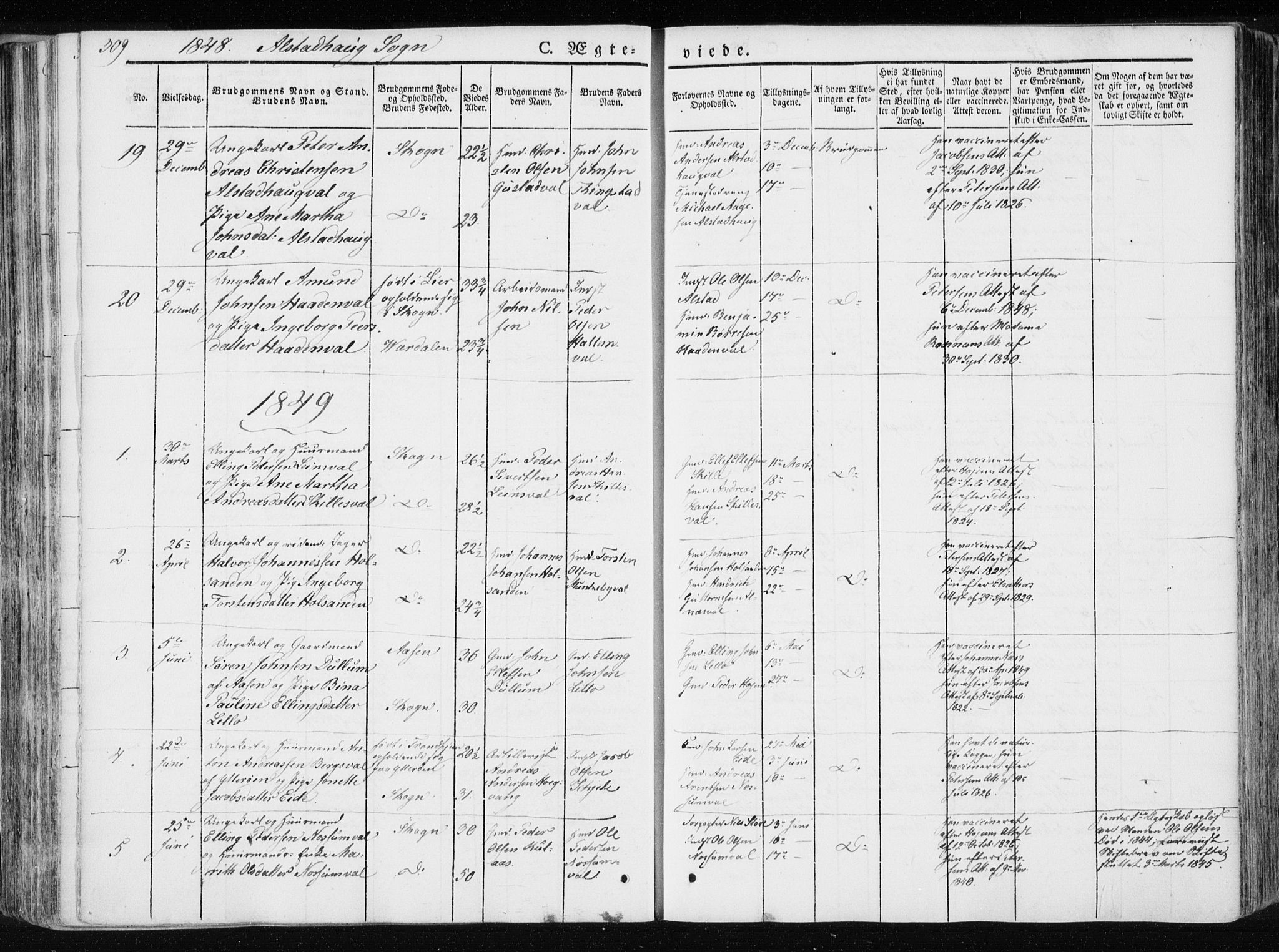 Ministerialprotokoller, klokkerbøker og fødselsregistre - Nord-Trøndelag, SAT/A-1458/717/L0154: Parish register (official) no. 717A06 /1, 1836-1849, p. 309