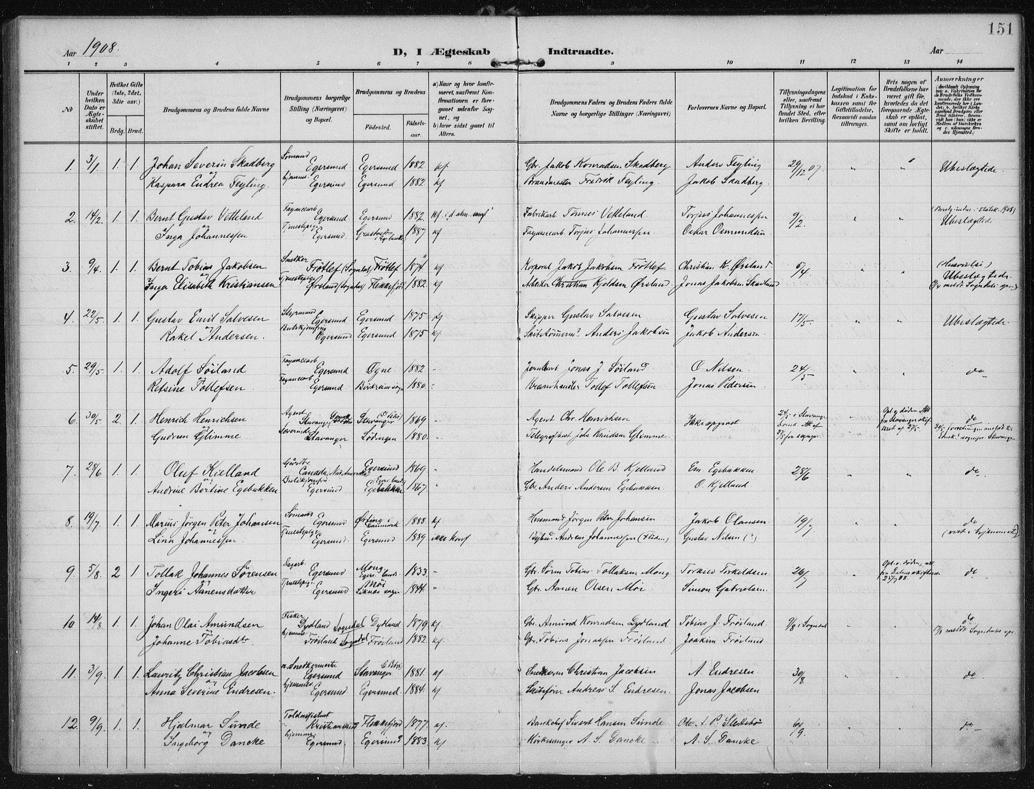 Eigersund sokneprestkontor, SAST/A-101807/S08/L0022: Parish register (official) no. A 21, 1905-1928, p. 151