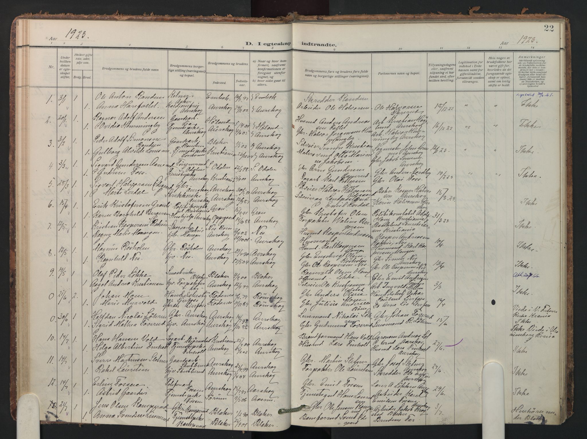 Aurskog prestekontor Kirkebøker, SAO/A-10304a/F/Fa/L0016: Parish register (official) no. I 16, 1910-1934, p. 22