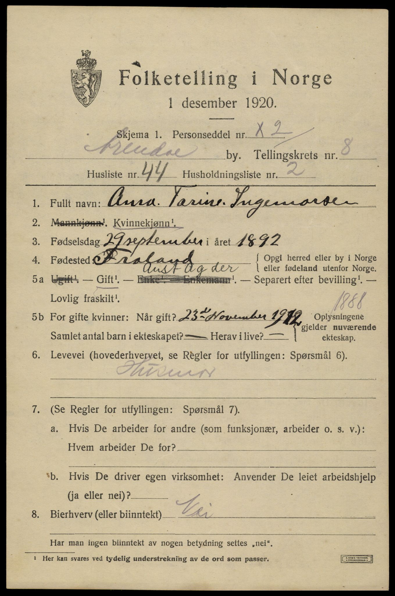 SAK, 1920 census for Arendal, 1920, p. 16054