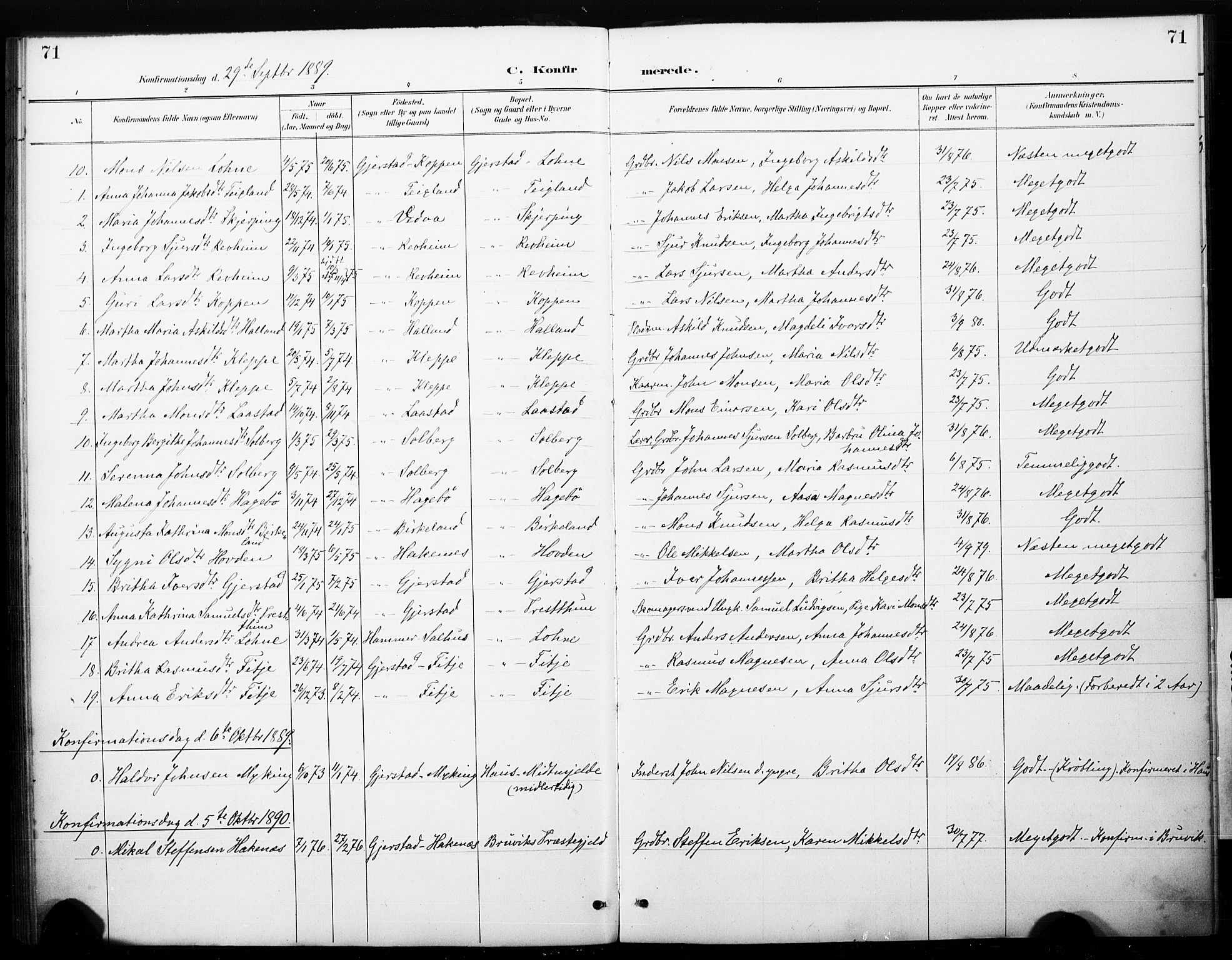 Haus sokneprestembete, AV/SAB-A-75601/H/Haa: Parish register (official) no. C 1, 1887-1899, p. 71