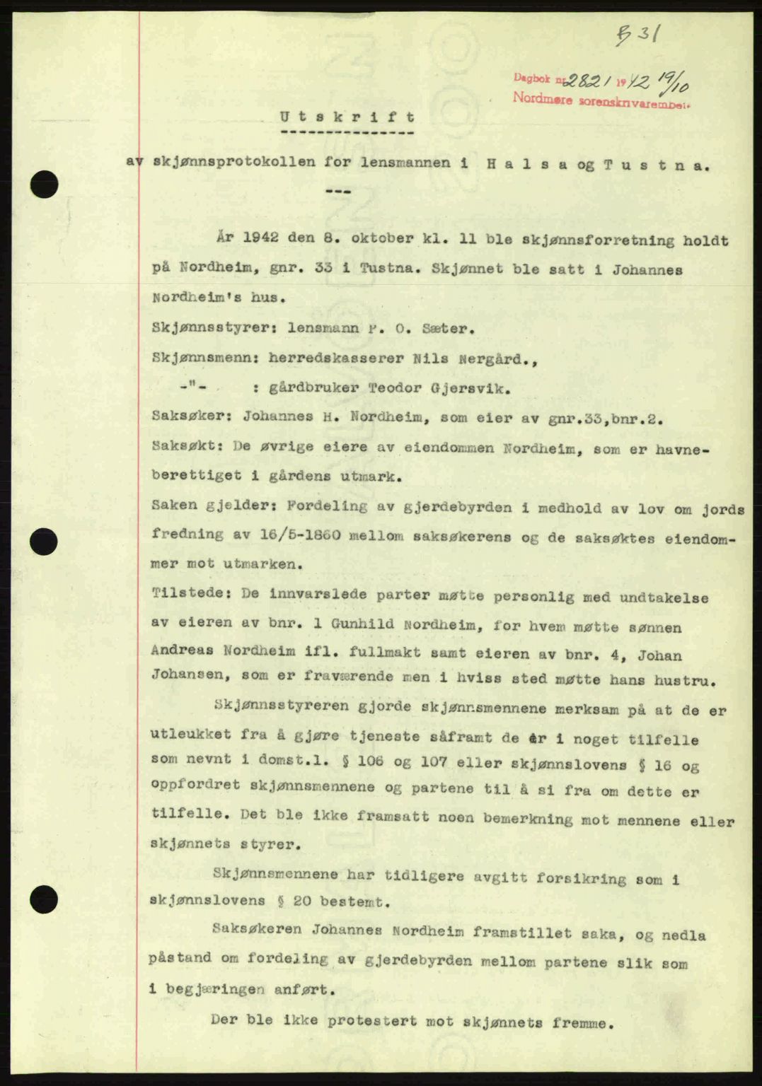 Nordmøre sorenskriveri, AV/SAT-A-4132/1/2/2Ca: Mortgage book no. B90, 1942-1943, Diary no: : 2821/1942