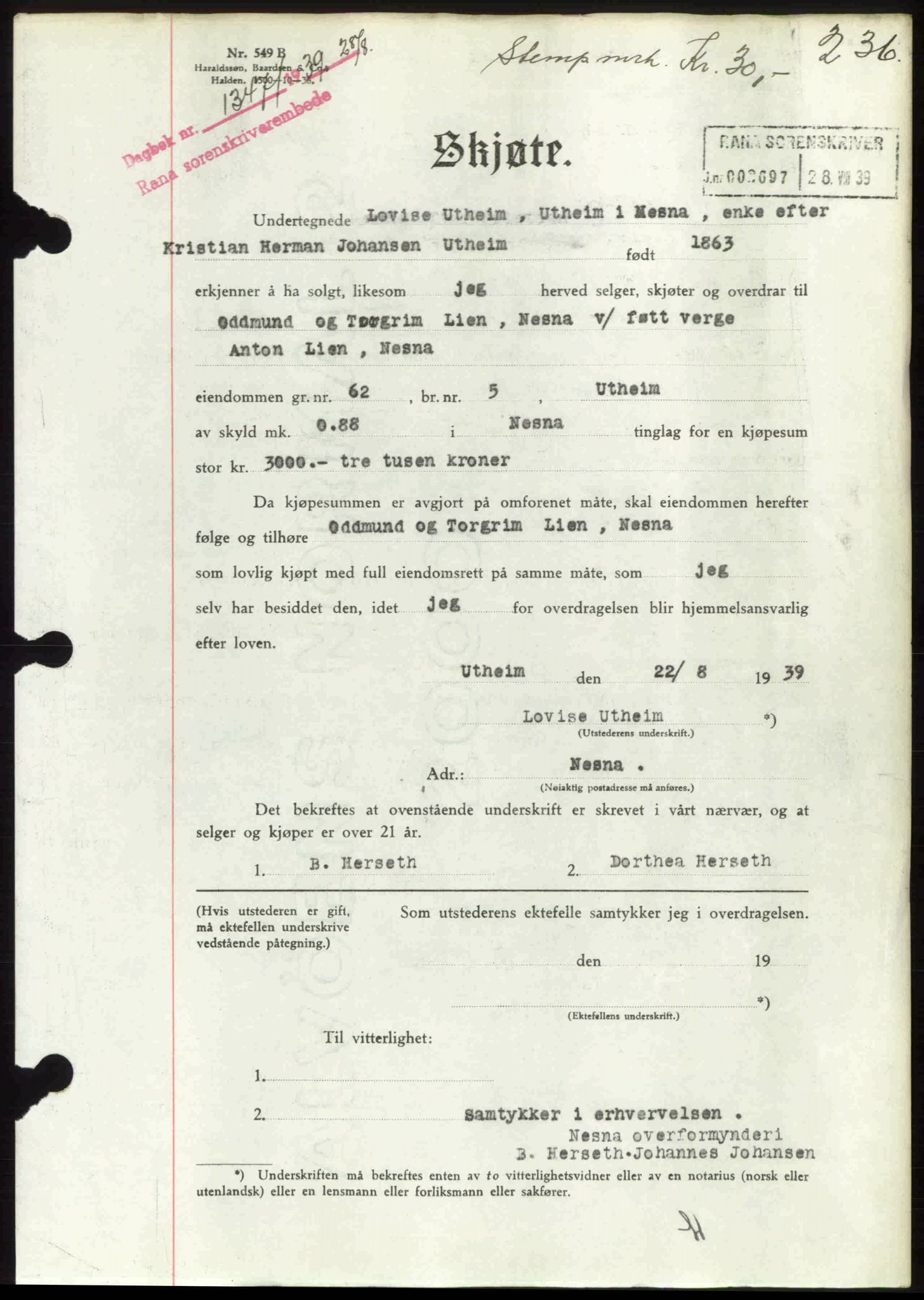 Rana sorenskriveri , SAT/A-1108/1/2/2C: Mortgage book no. A 6, 1939-1940, Diary no: : 1347/1939