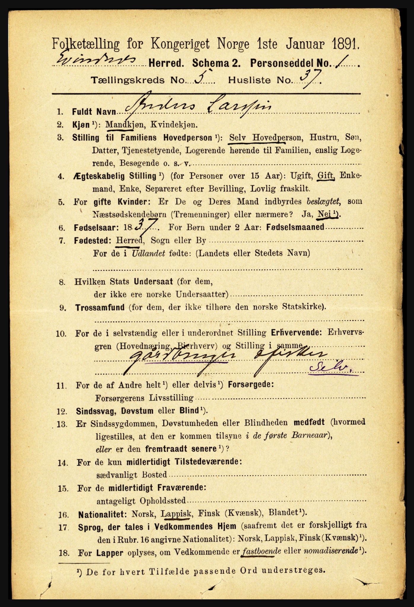 RA, 1891 census for 1853 Evenes, 1891, p. 1874