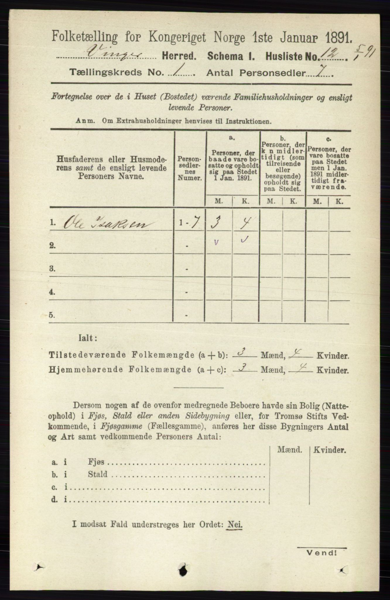 RA, 1891 census for 0421 Vinger, 1891, p. 44