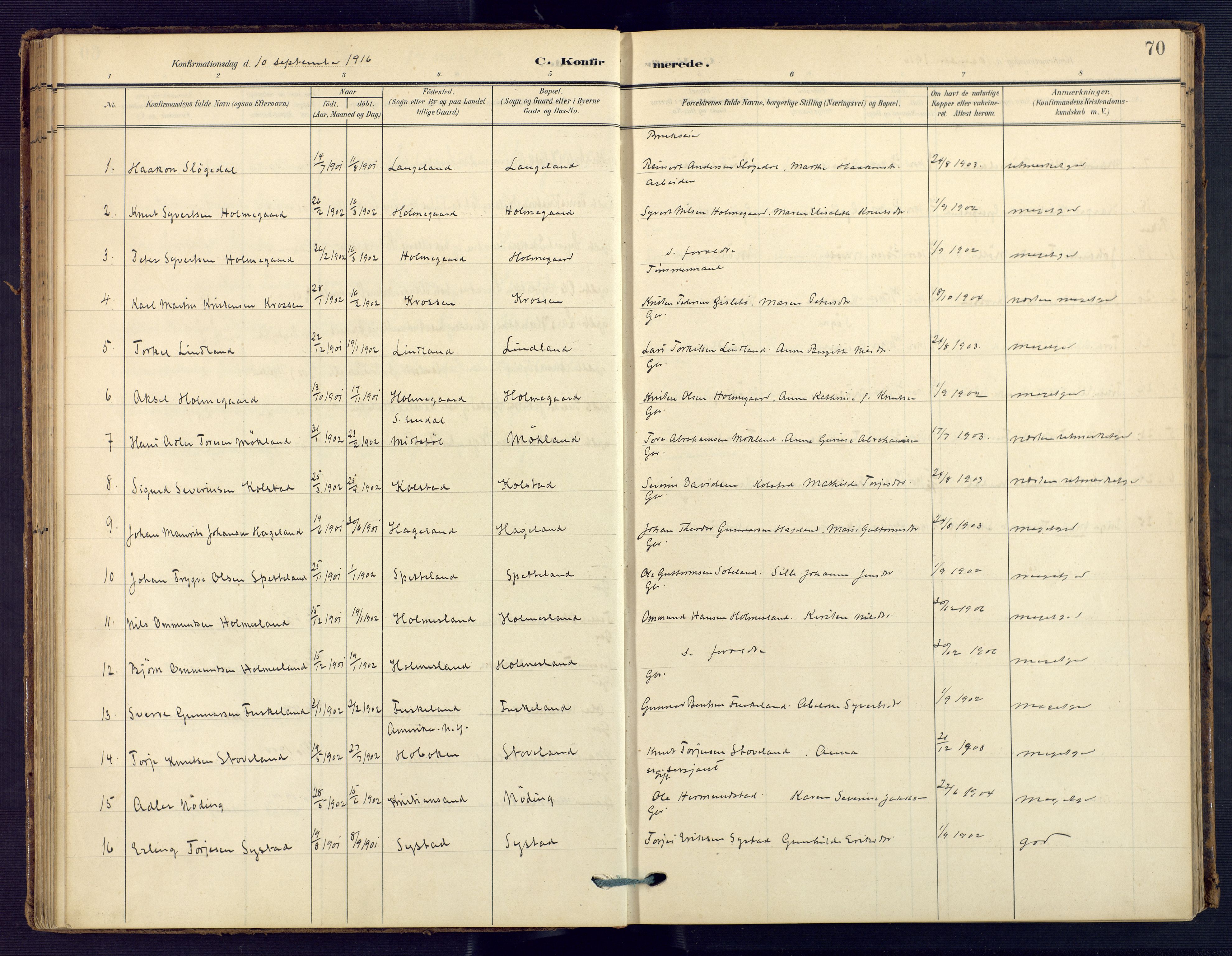 Holum sokneprestkontor, SAK/1111-0022/F/Fa/Faa/L0008: Parish register (official) no. A 8, 1908-1929, p. 70