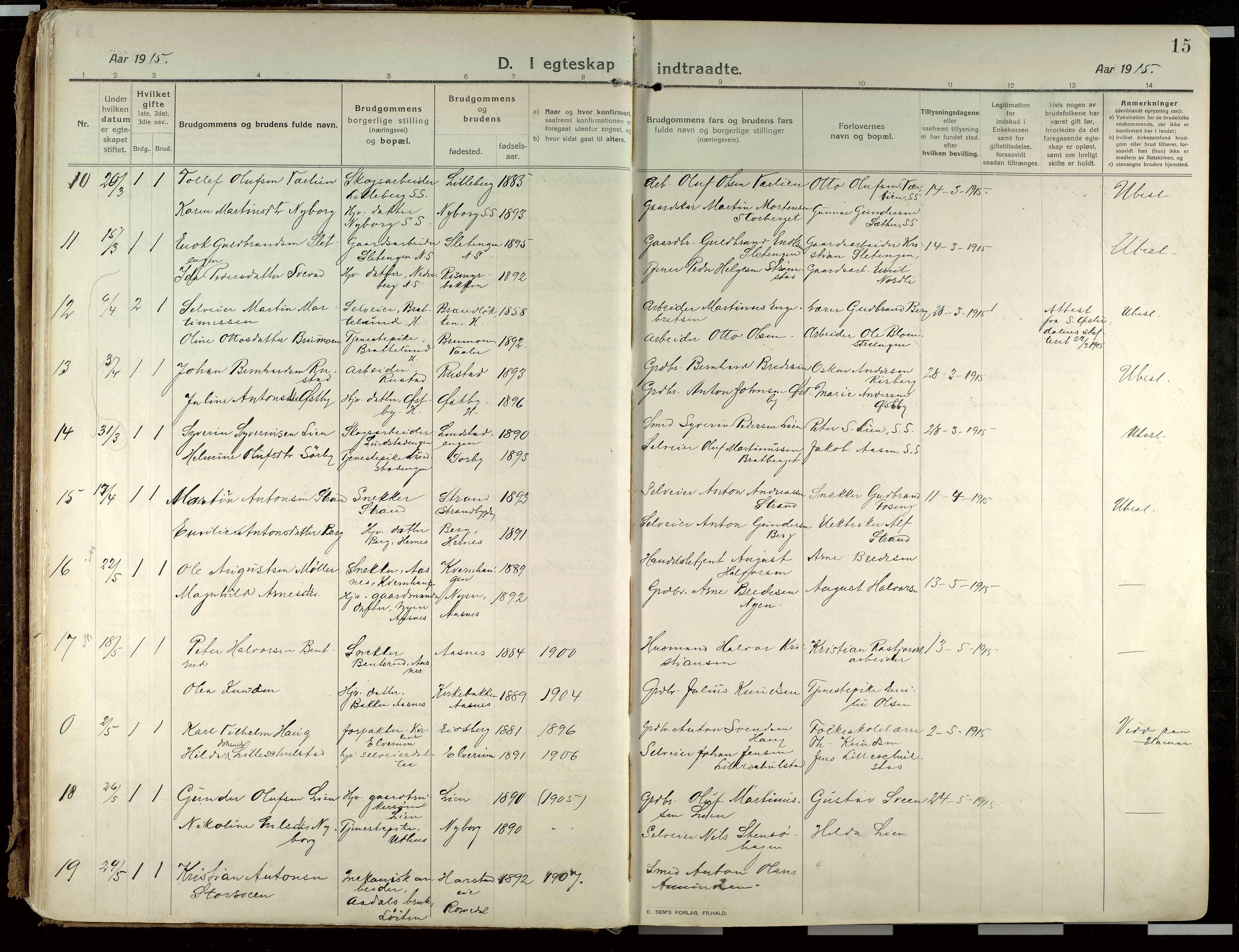 Elverum prestekontor, AV/SAH-PREST-044/H/Ha/Haa/L0021: Parish register (official) no. 21, 1913-1928, p. 15