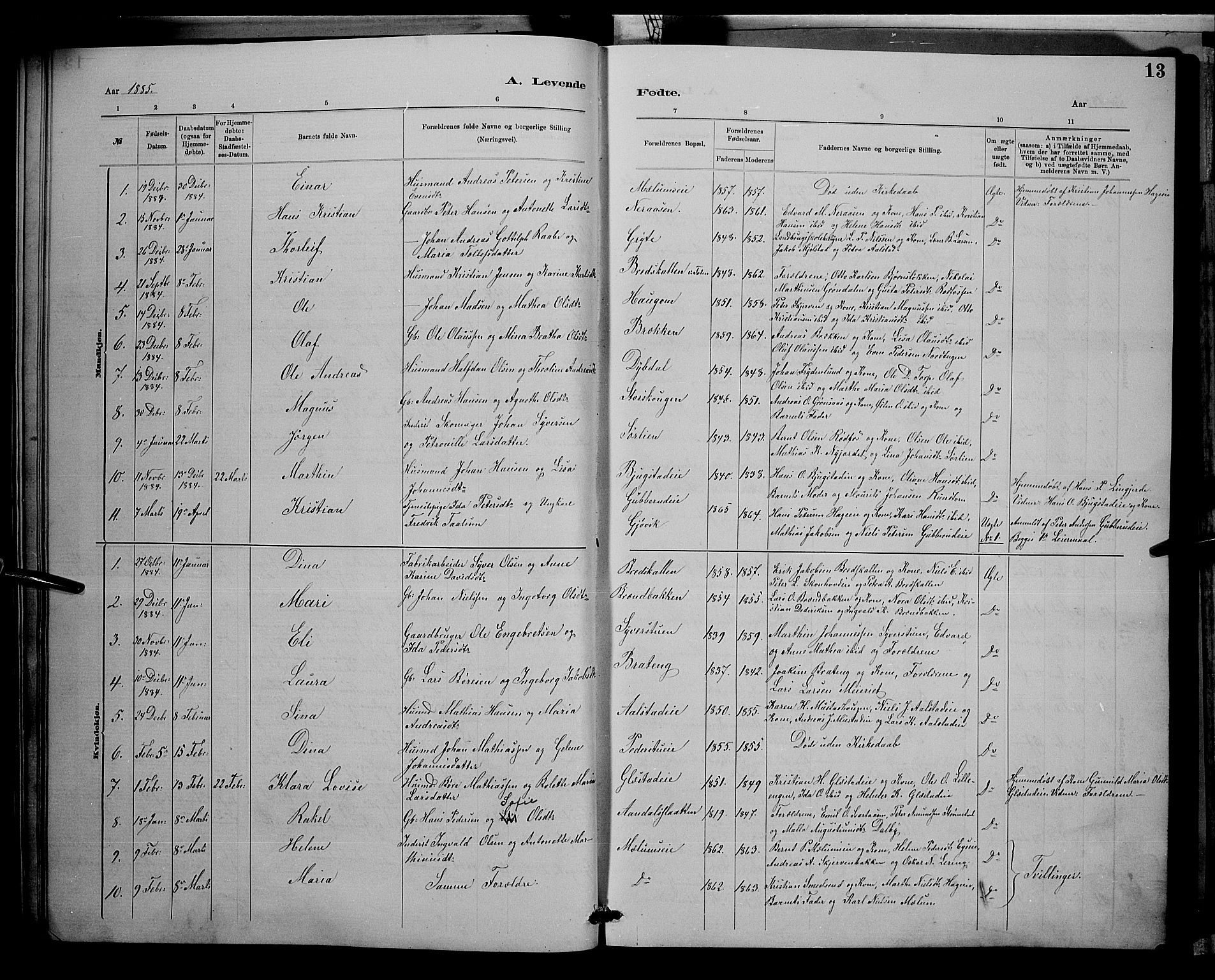 Vardal prestekontor, SAH/PREST-100/H/Ha/Hab/L0008: Parish register (copy) no. 8, 1881-1898, p. 13