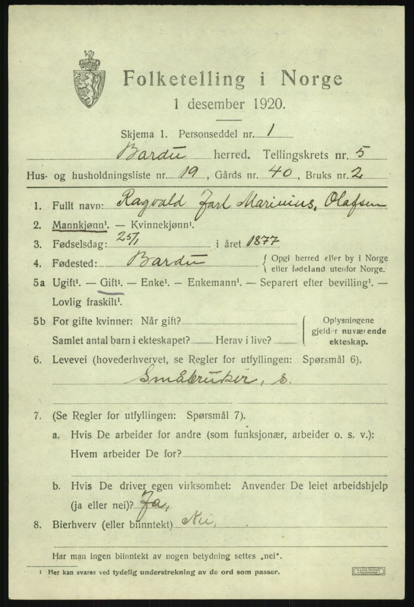 SATØ, 1920 census for Bardu, 1920, p. 2377