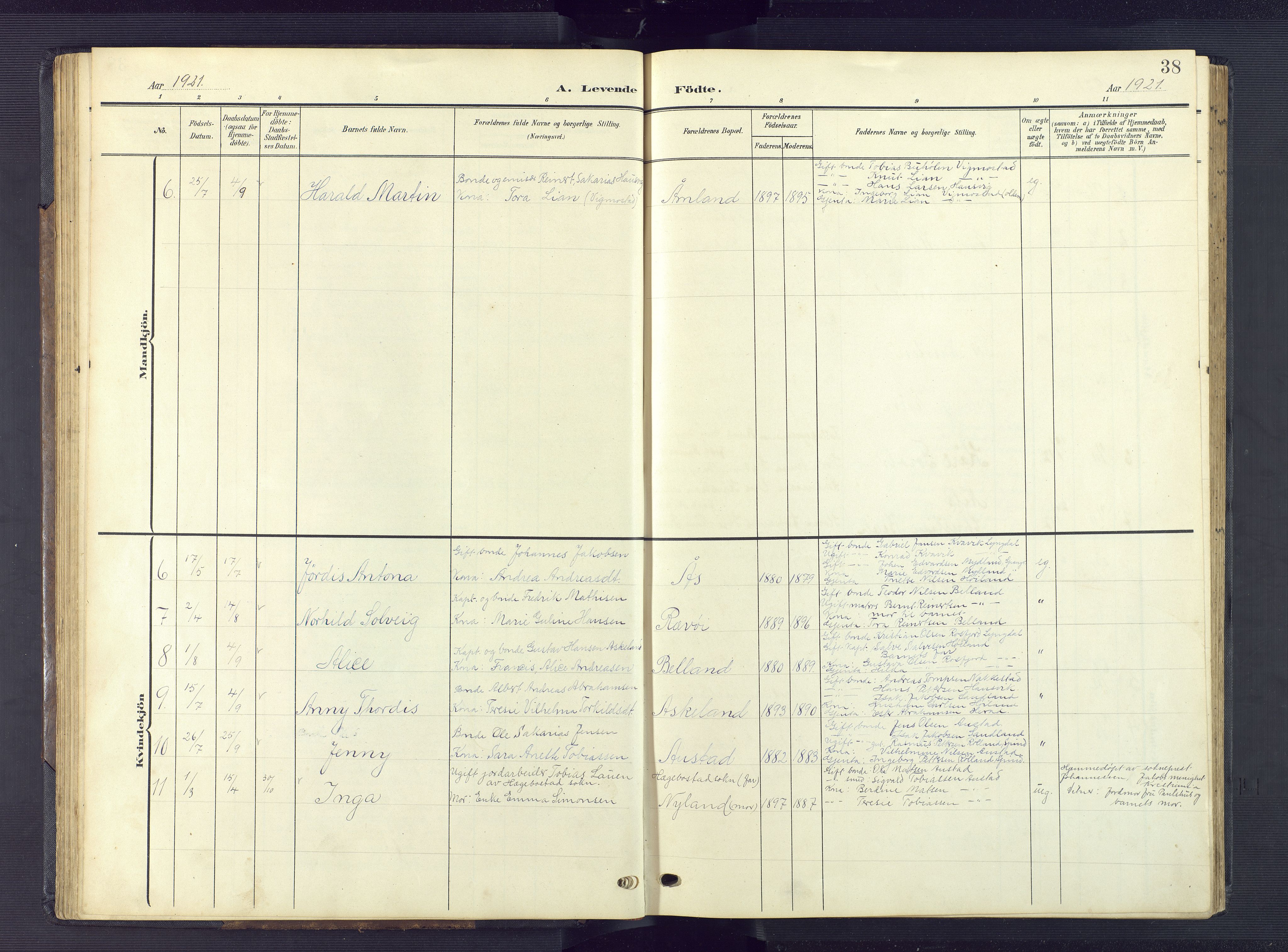 Lyngdal sokneprestkontor, AV/SAK-1111-0029/F/Fb/Fba/L0004: Parish register (copy) no. B 4, 1904-1950, p. 38