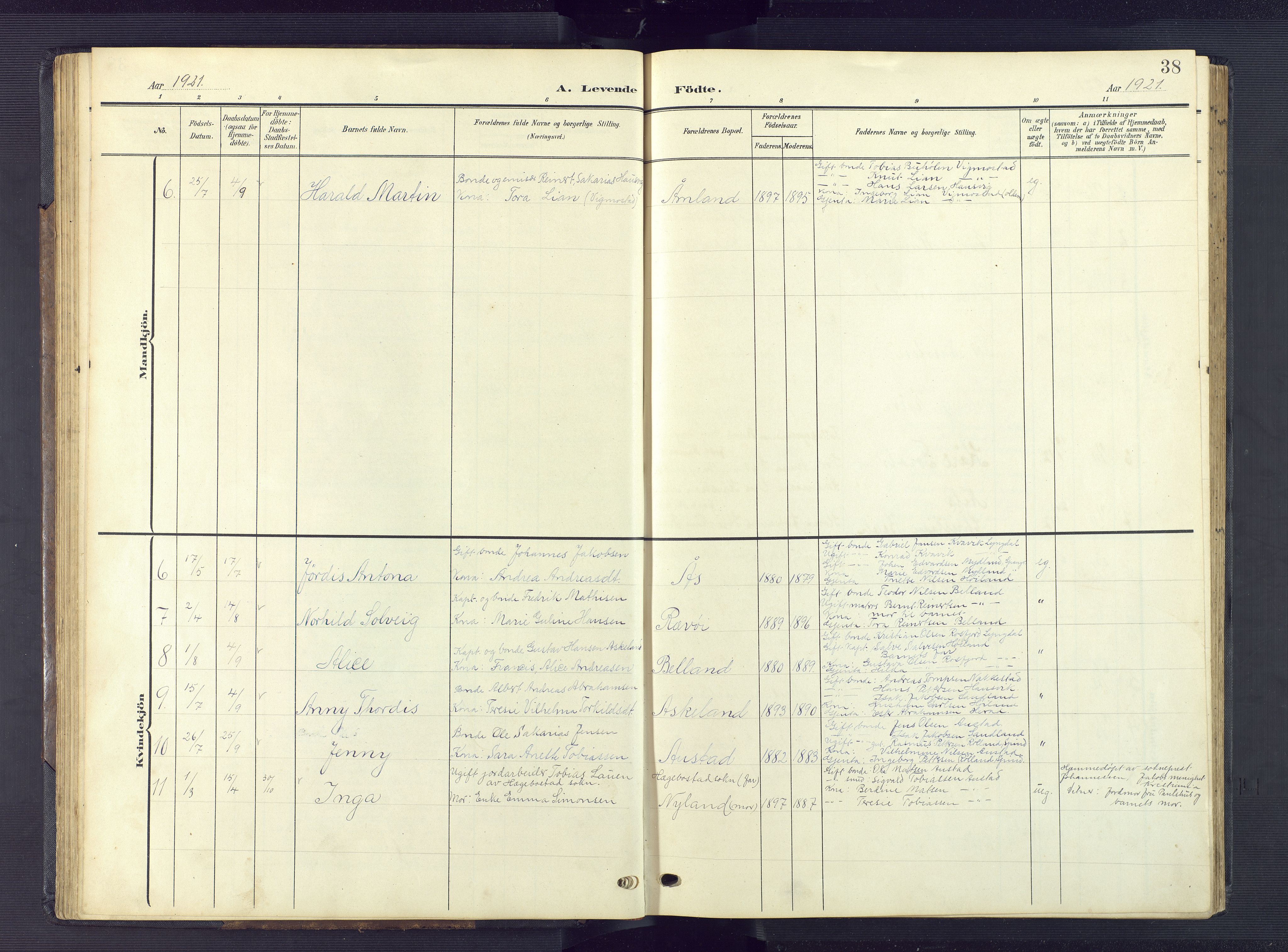 Lyngdal sokneprestkontor, SAK/1111-0029/F/Fb/Fba/L0004: Parish register (copy) no. B 4, 1904-1950, p. 38