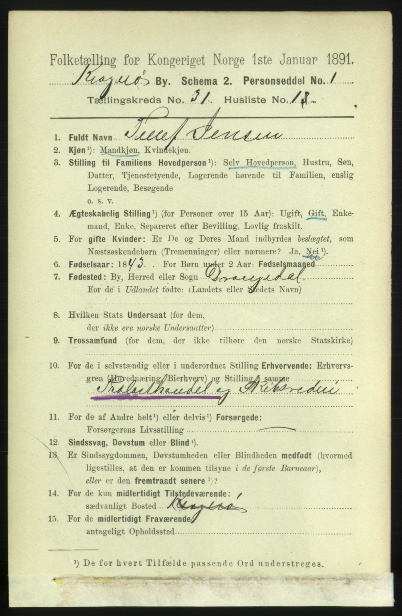 RA, 1891 census for 0801 Kragerø, 1891, p. 5709