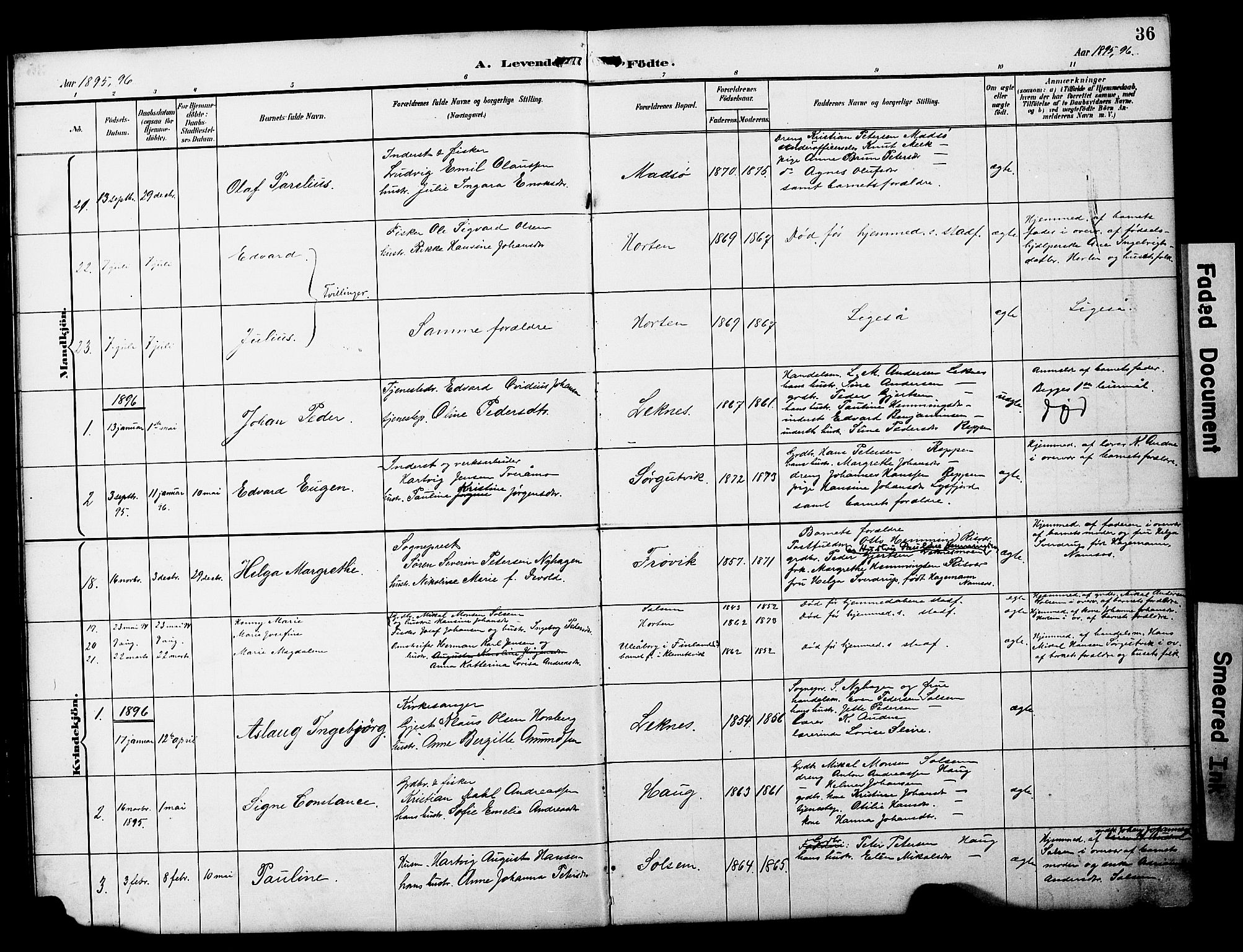 Ministerialprotokoller, klokkerbøker og fødselsregistre - Nord-Trøndelag, AV/SAT-A-1458/788/L0701: Parish register (copy) no. 788C01, 1888-1913, p. 36