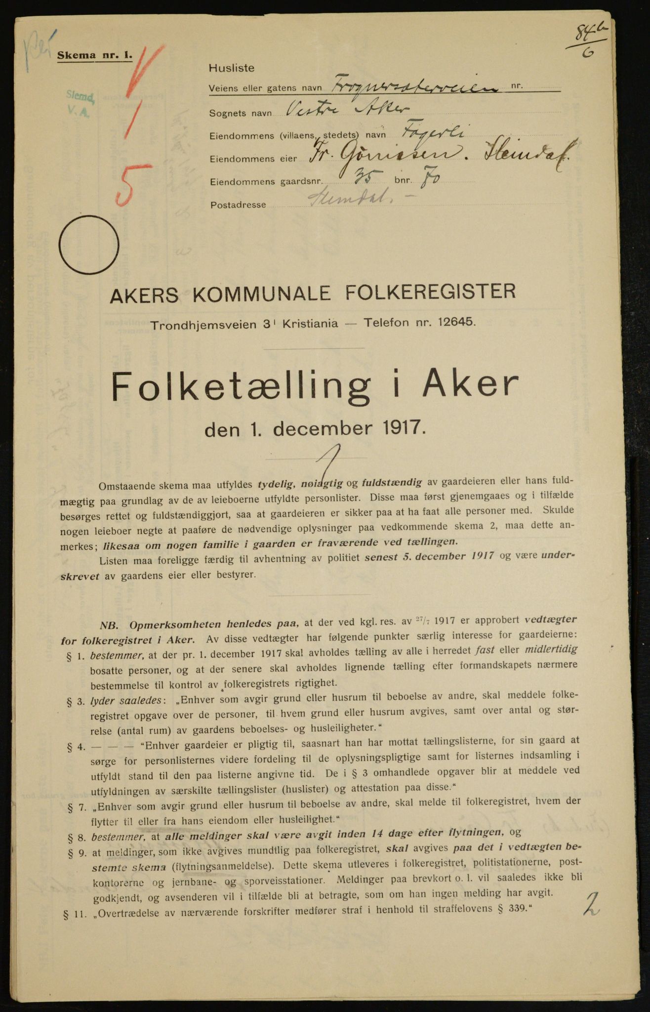 OBA, Municipal Census 1917 for Aker, 1917, p. 7295