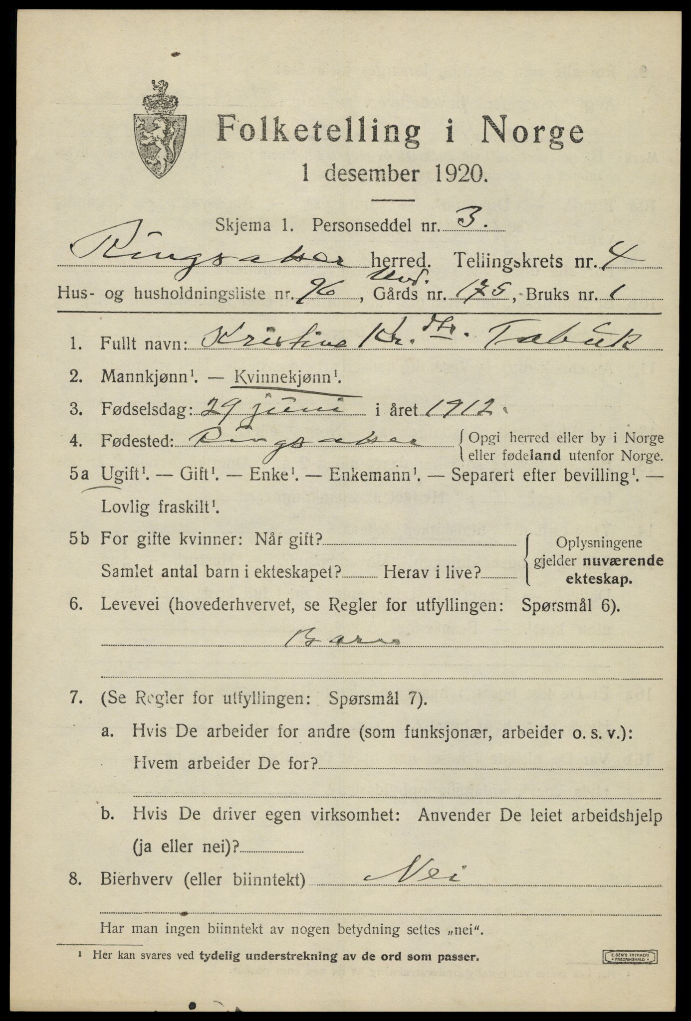 SAH, 1920 census for Ringsaker, 1920, p. 9686