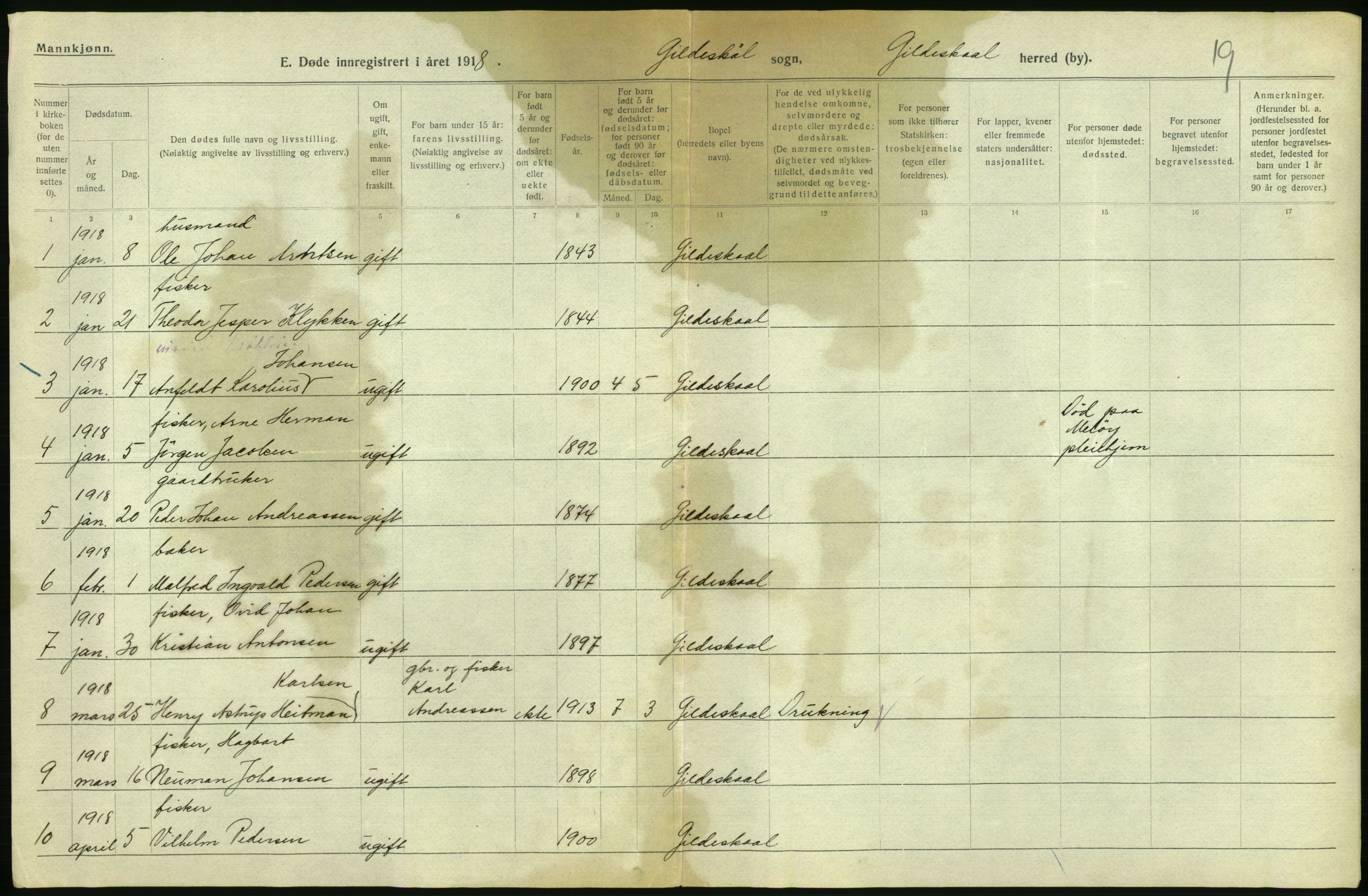 Statistisk sentralbyrå, Sosiodemografiske emner, Befolkning, AV/RA-S-2228/D/Df/Dfb/Dfbh/L0055: Nordland fylke: Døde. Bygder og byer., 1918, p. 282