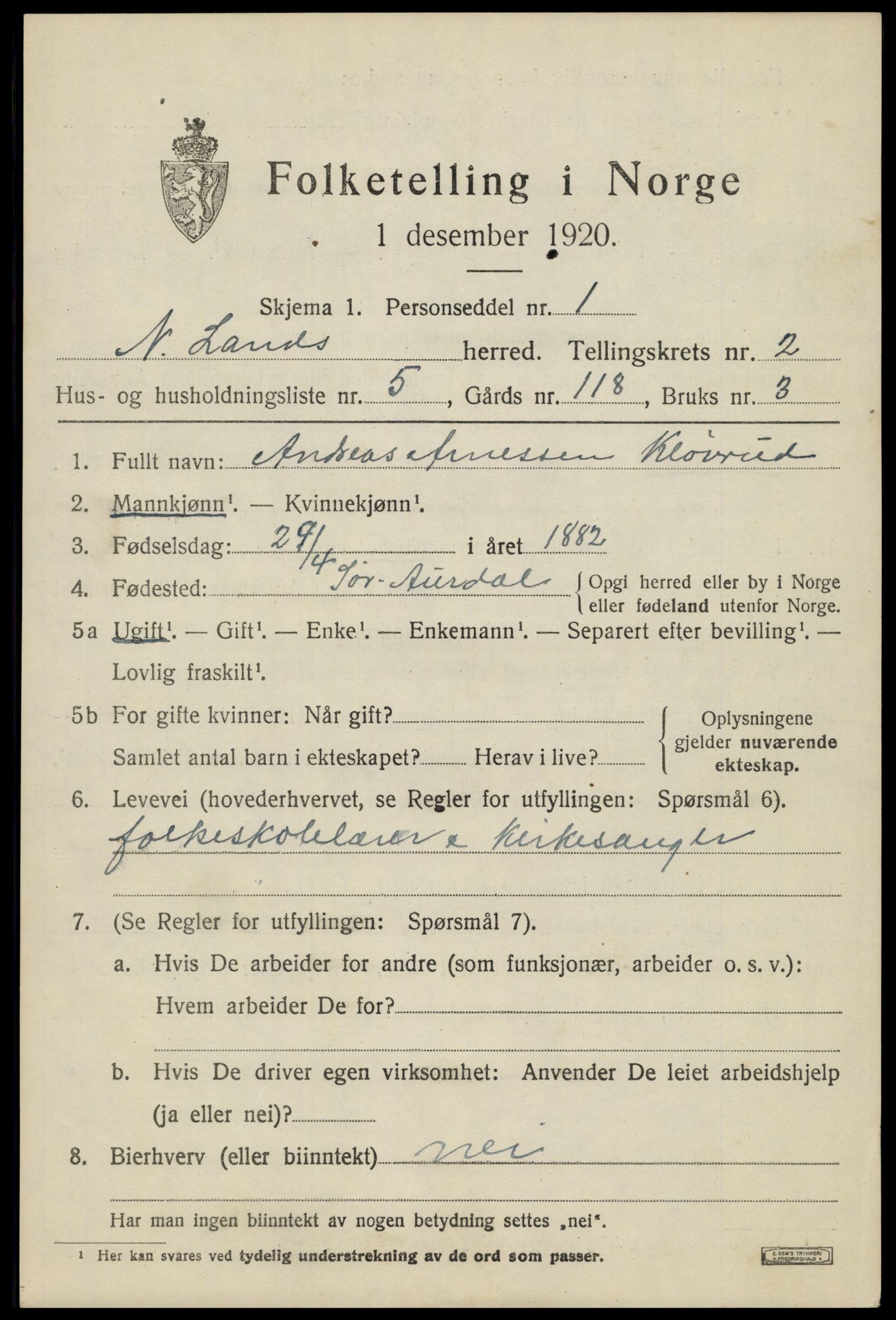 SAH, 1920 census for Nordre Land, 1920, p. 1690