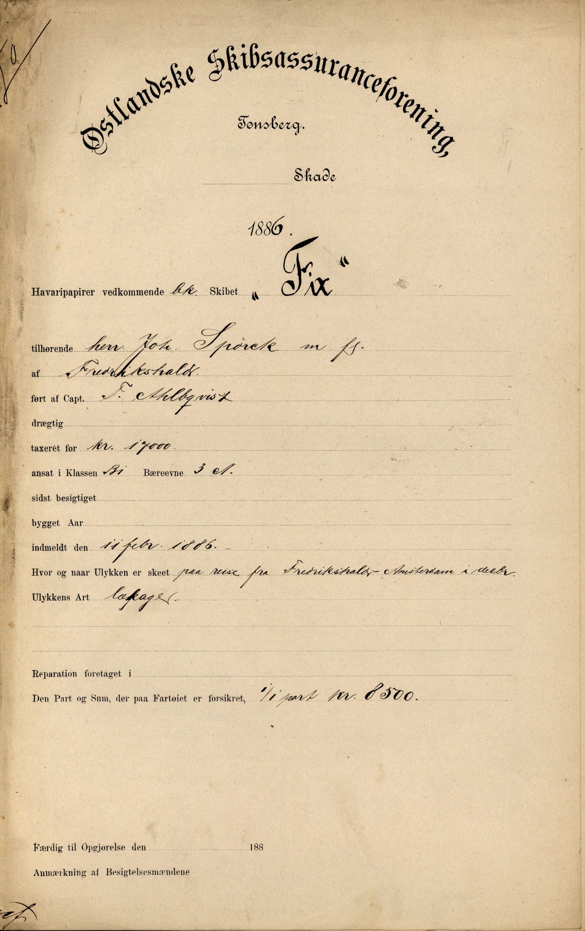 Pa 63 - Østlandske skibsassuranceforening, VEMU/A-1079/G/Ga/L0019/0007: Havaridokumenter / Flora, Foldin, Fix, Flora, Hast, Kvik, Pehr, 1886-1887, p. 16