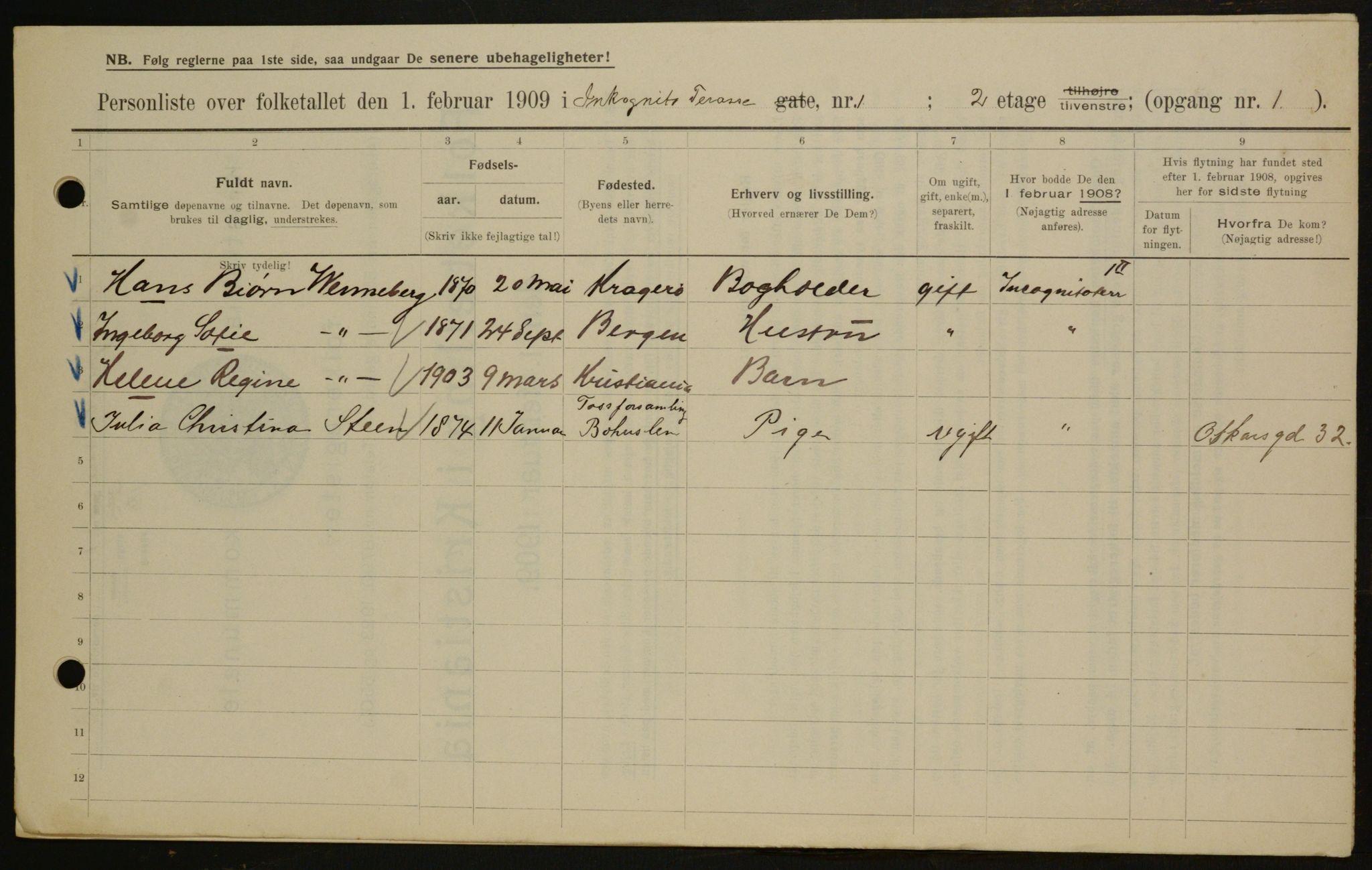 OBA, Municipal Census 1909 for Kristiania, 1909, p. 40526