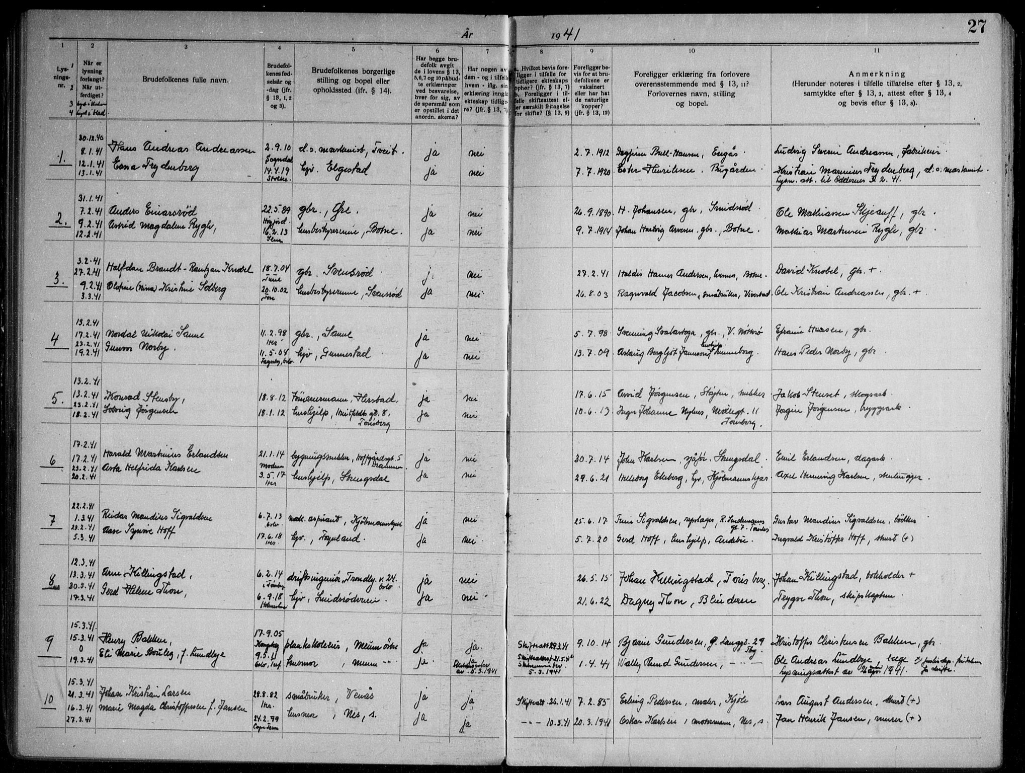 Nøtterøy kirkebøker, SAKO/A-354/H/Ha/L0002: Banns register no. 2, 1937-1952, p. 27