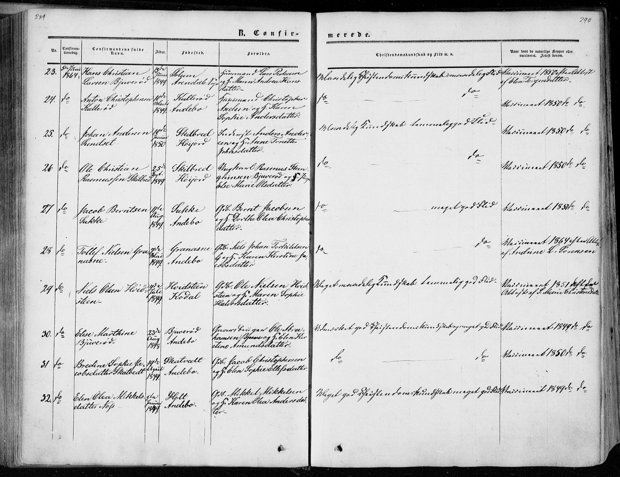 Andebu kirkebøker, AV/SAKO-A-336/F/Fa/L0005: Parish register (official) no. 5, 1857-1870, p. 289-290