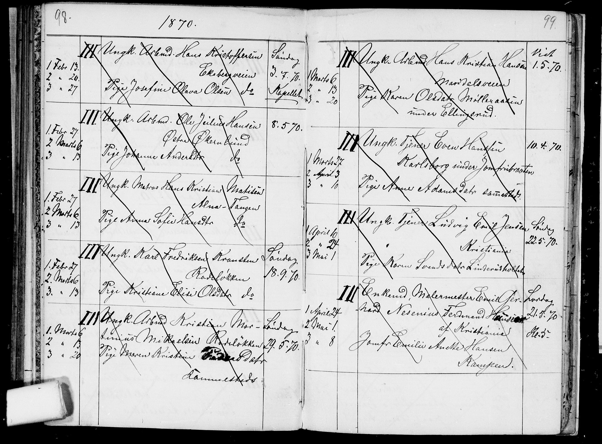 Østre Aker prestekontor Kirkebøker, SAO/A-10840/H/Ha/L0002: Banns register no. I 2, 1861-1872, p. 98-99