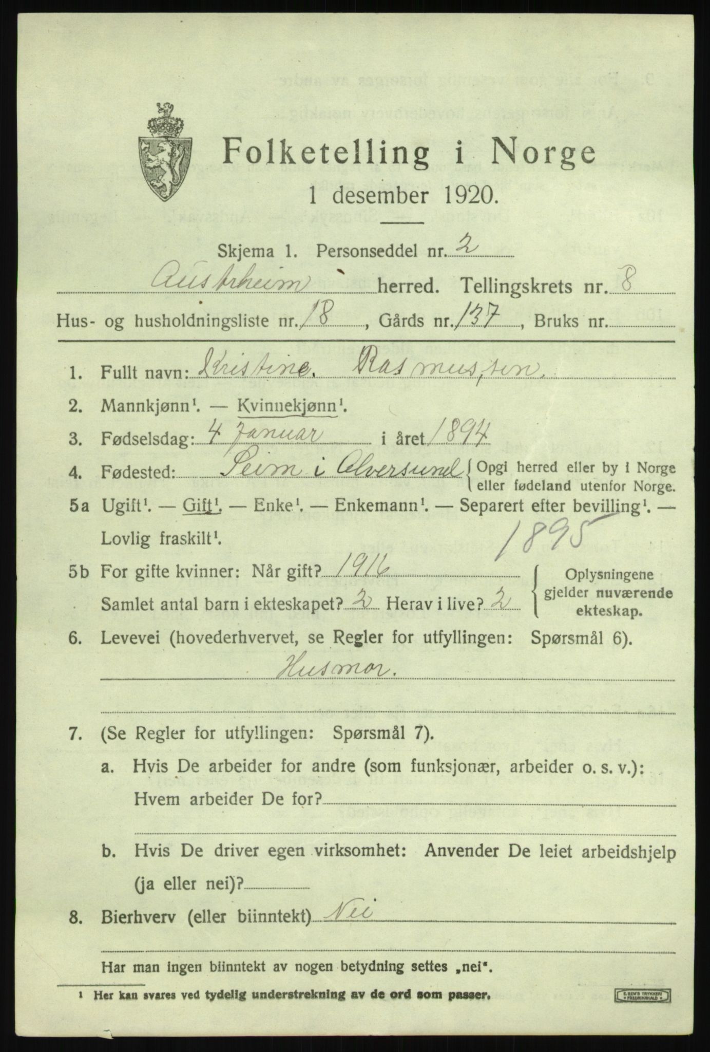 SAB, 1920 census for Austrheim, 1920, p. 3188