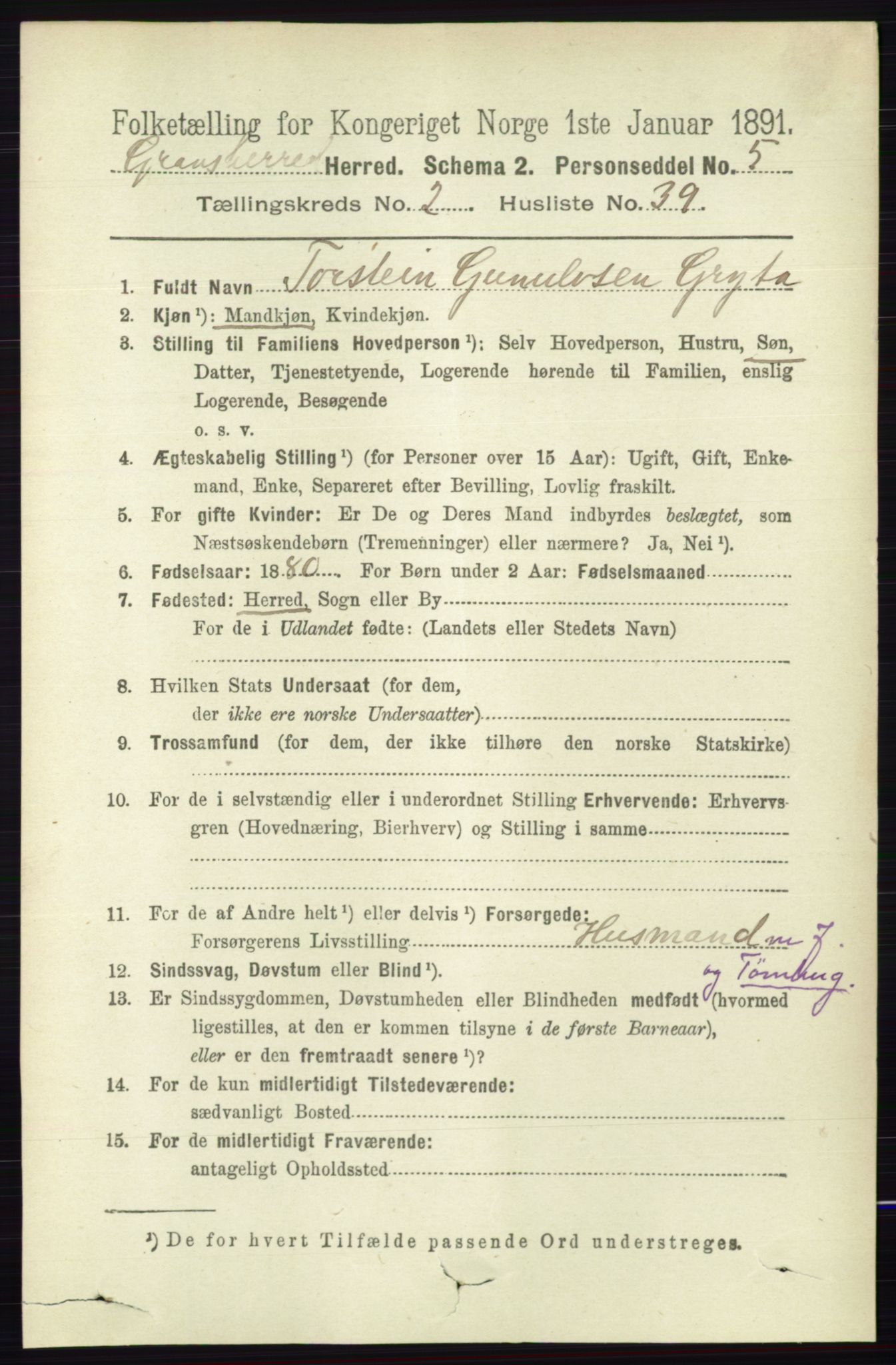 RA, 1891 census for 0824 Gransherad, 1891, p. 476