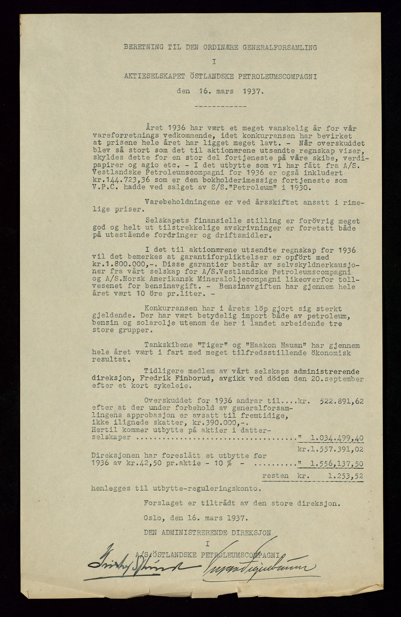 PA 1534 - Østlandske Petroleumscompagni A/S, AV/SAST-A-101954/A/Aa/L0002/0006: Generalforsamlinger. / Generalforsamling, 1937, p. 4