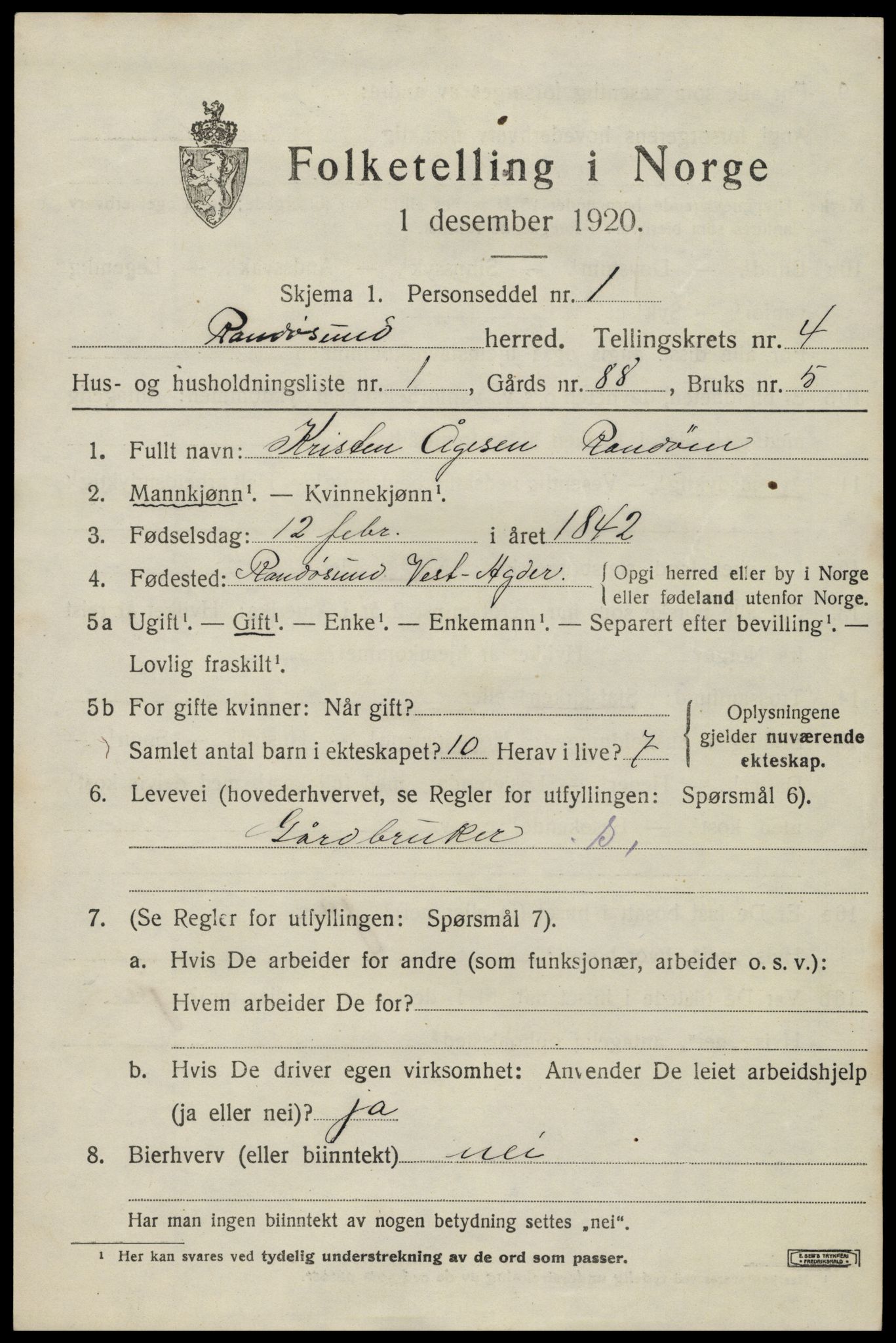 SAK, 1920 census for Randesund, 1920, p. 1780