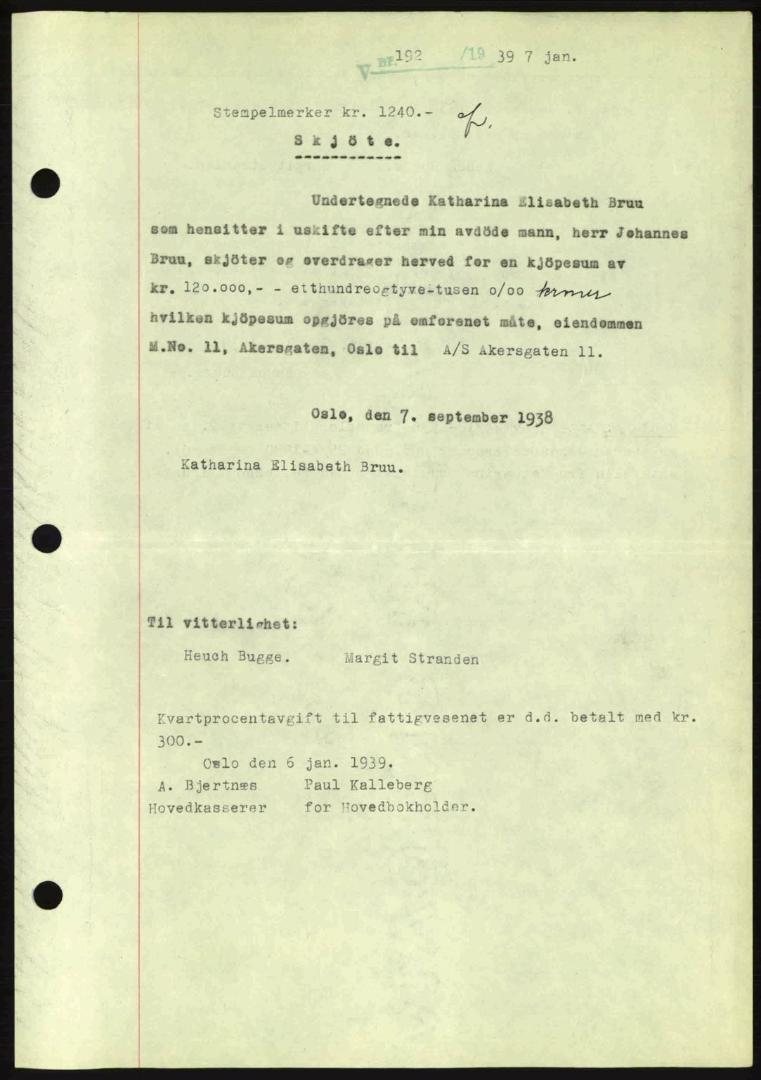 Oslo byskriverembete, AV/SAO-A-10227/G/Gb/Gbb/Gbbb/L0003: Mortgage book no. VA3, 1938-1939, Diary no: : 192/1939