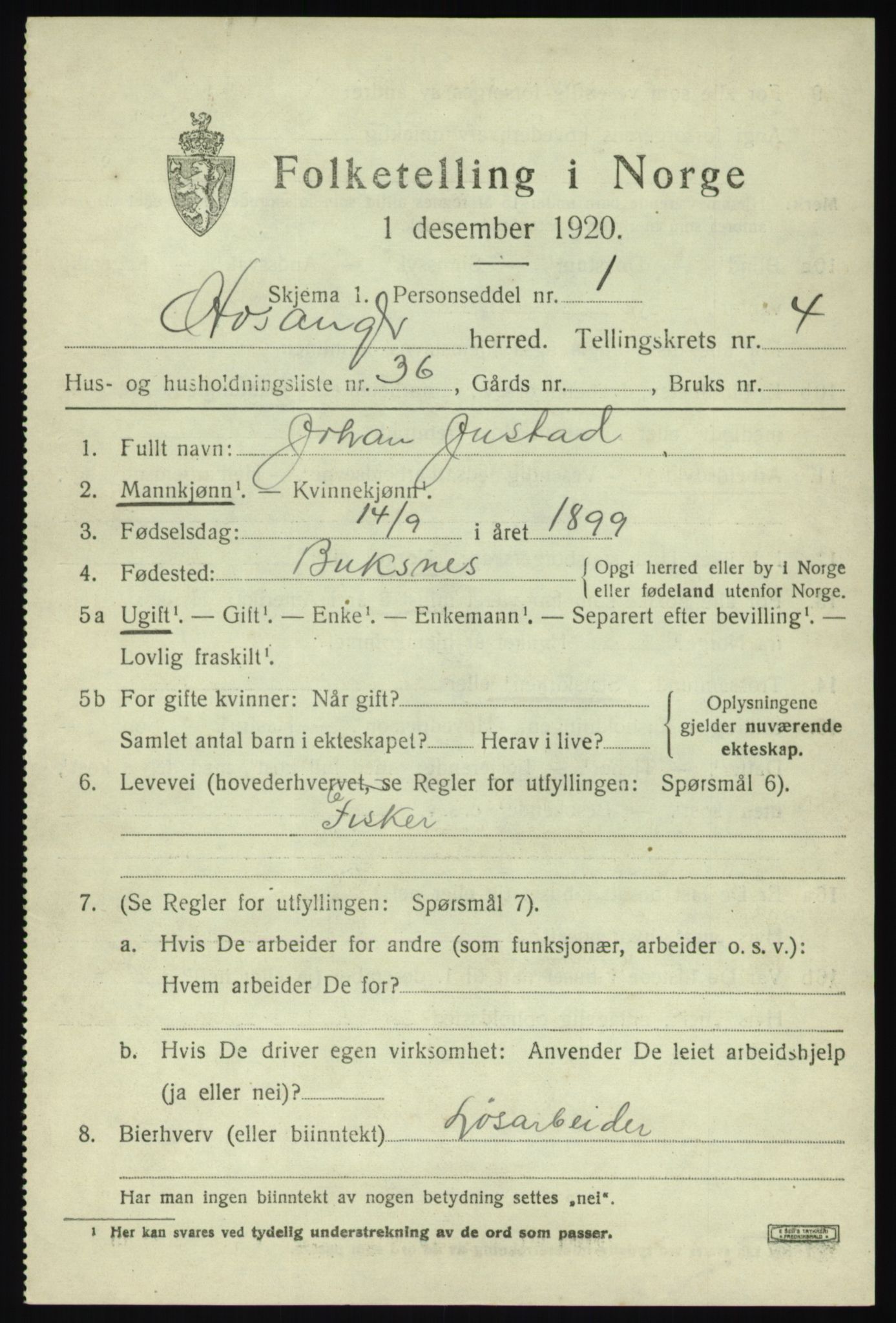 SAB, 1920 census for Hosanger, 1920, p. 2307