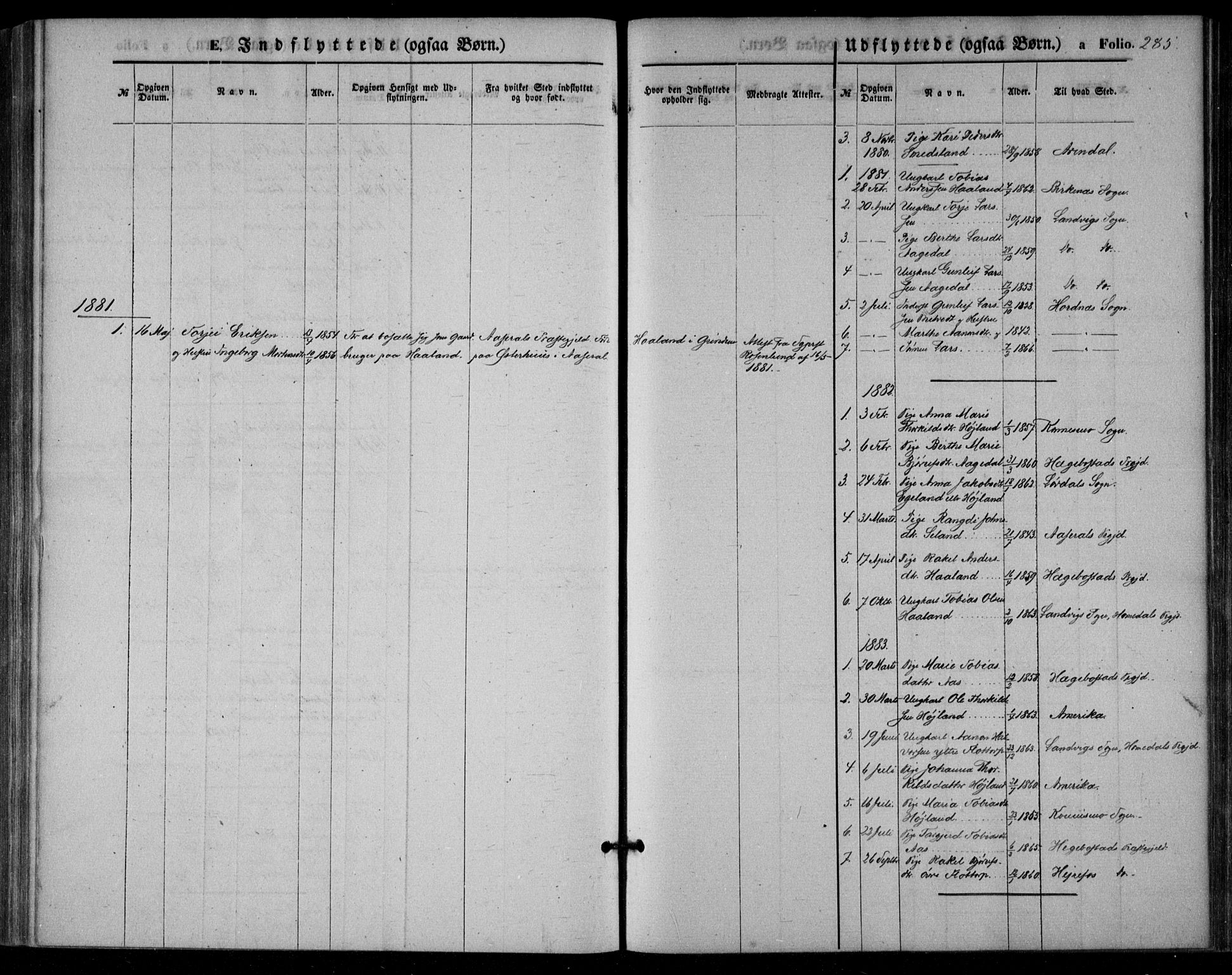 Bjelland sokneprestkontor, SAK/1111-0005/F/Fa/Fac/L0002: Parish register (official) no. A 2, 1866-1887, p. 285