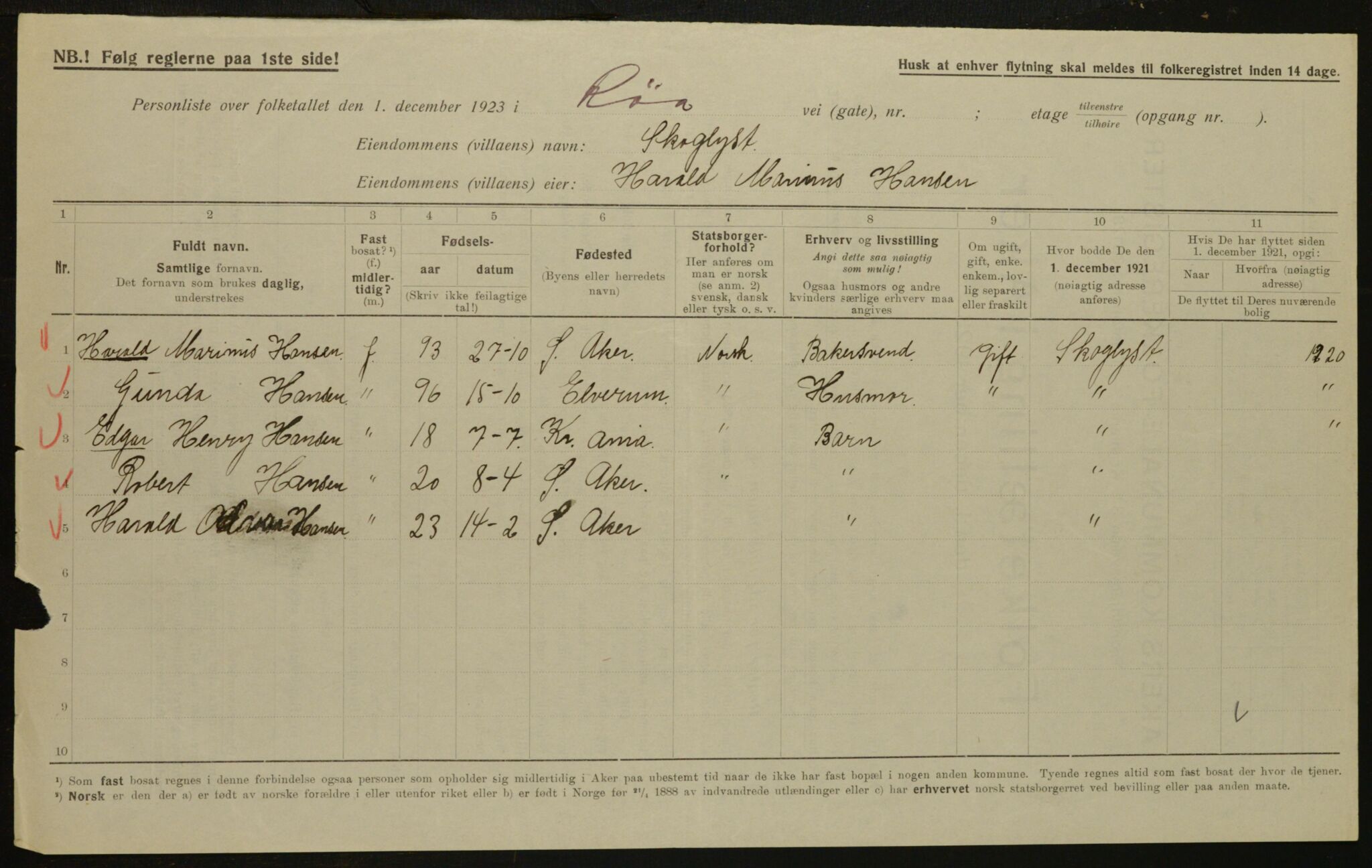 , Municipal Census 1923 for Aker, 1923, p. 30156