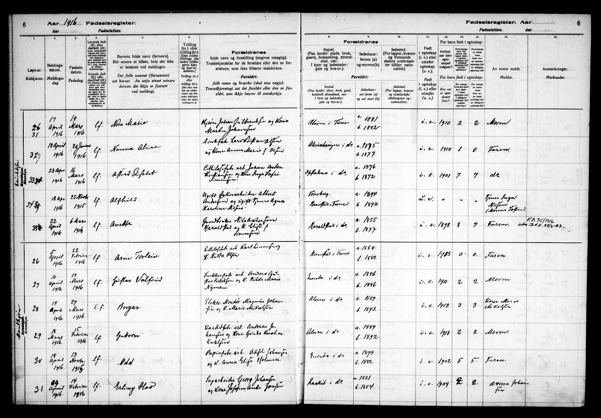 Tune prestekontor Kirkebøker, AV/SAO-A-2007/J/Ja/L0001: Birth register no. I 1, 1916-1928, p. 6