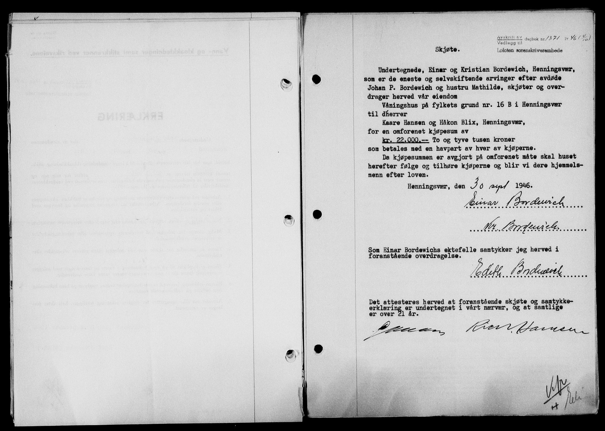 Lofoten sorenskriveri, SAT/A-0017/1/2/2C/L0014a: Mortgage book no. 14a, 1946-1946, Diary no: : 1371/1946