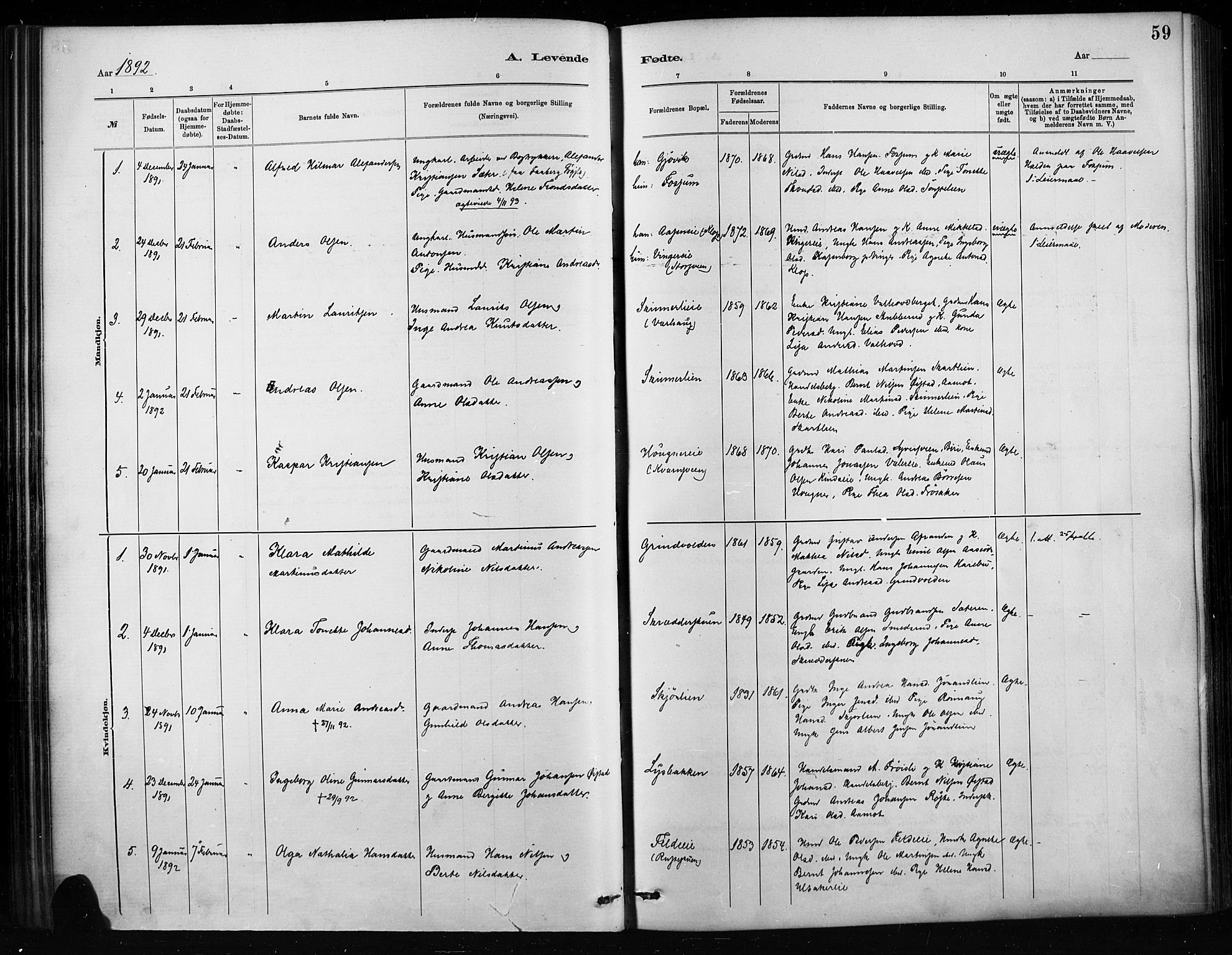 Nordre Land prestekontor, SAH/PREST-124/H/Ha/Haa/L0004: Parish register (official) no. 4, 1882-1896, p. 59