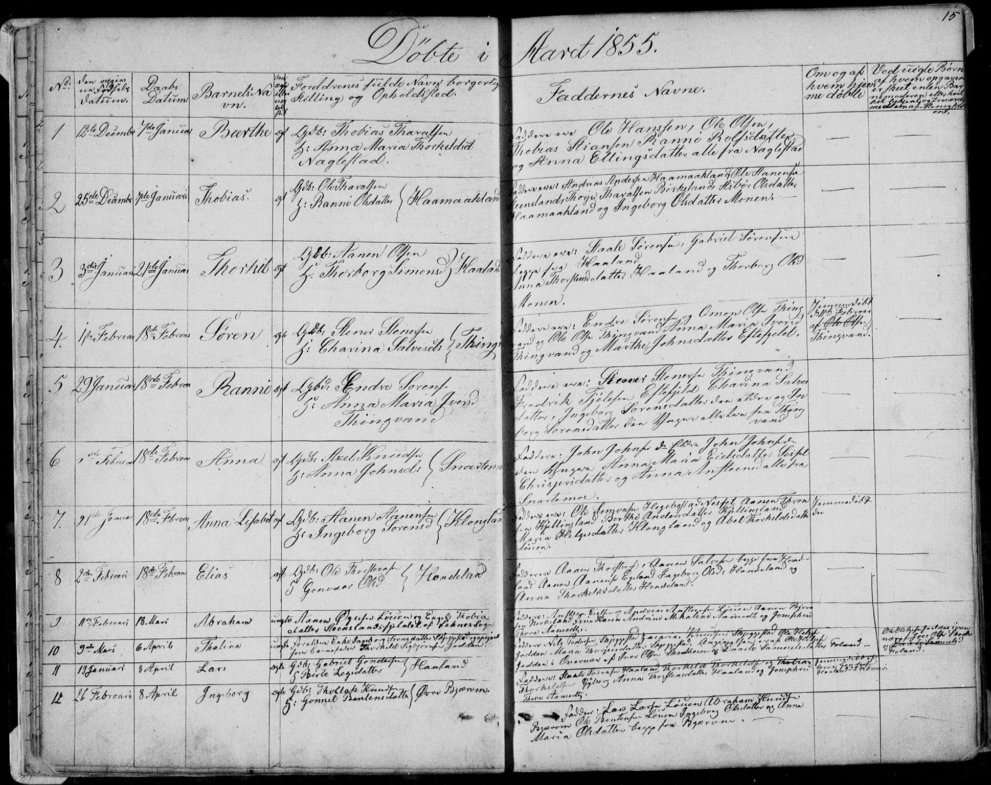 Hægebostad sokneprestkontor, SAK/1111-0024/F/Fb/Fba/L0002: Parish register (copy) no. B 2, 1851-1882, p. 15