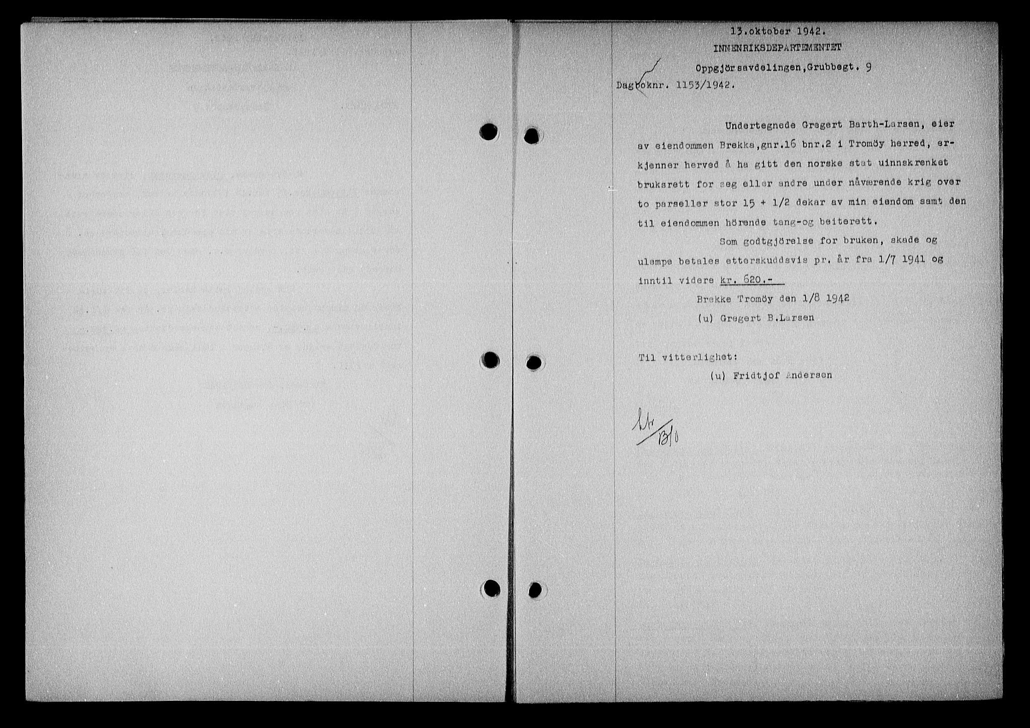 Nedenes sorenskriveri, SAK/1221-0006/G/Gb/Gba/L0050: Mortgage book no. A-IV, 1942-1943, Diary no: : 1153/1942