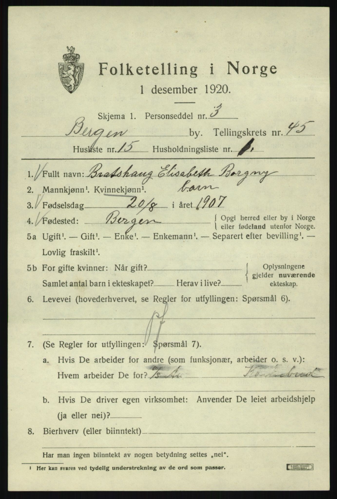 SAB, 1920 census for Bergen, 1920, p. 114180