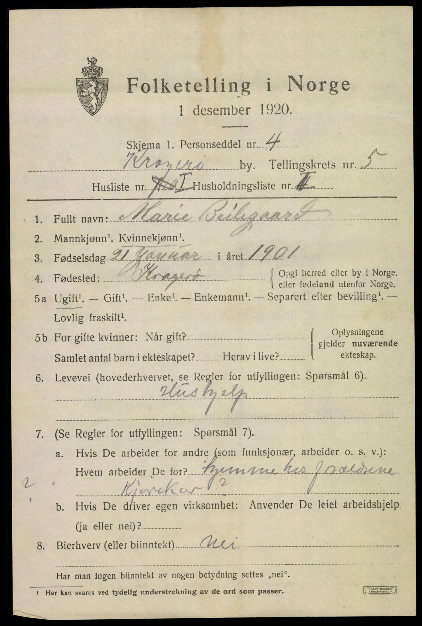 SAKO, 1920 census for Kragerø, 1920, p. 8233