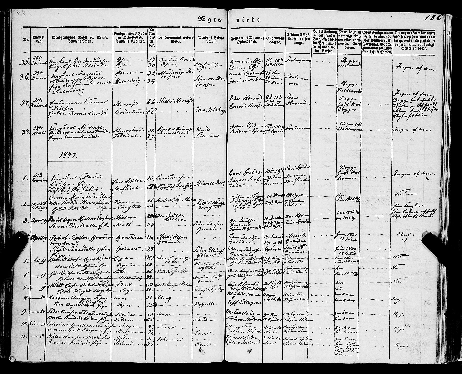 Ulvik sokneprestembete, SAB/A-78801/H/Haa: Parish register (official) no. A 12, 1839-1853, p. 186