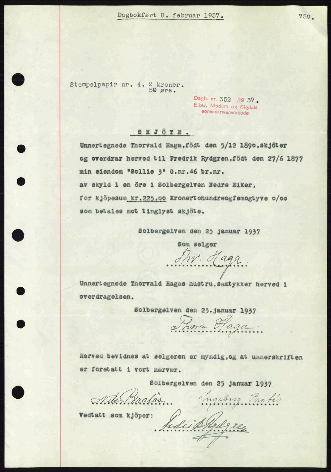 Eiker, Modum og Sigdal sorenskriveri, SAKO/A-123/G/Ga/Gab/L0034: Mortgage book no. A4, 1936-1937, Diary no: : 352/1937