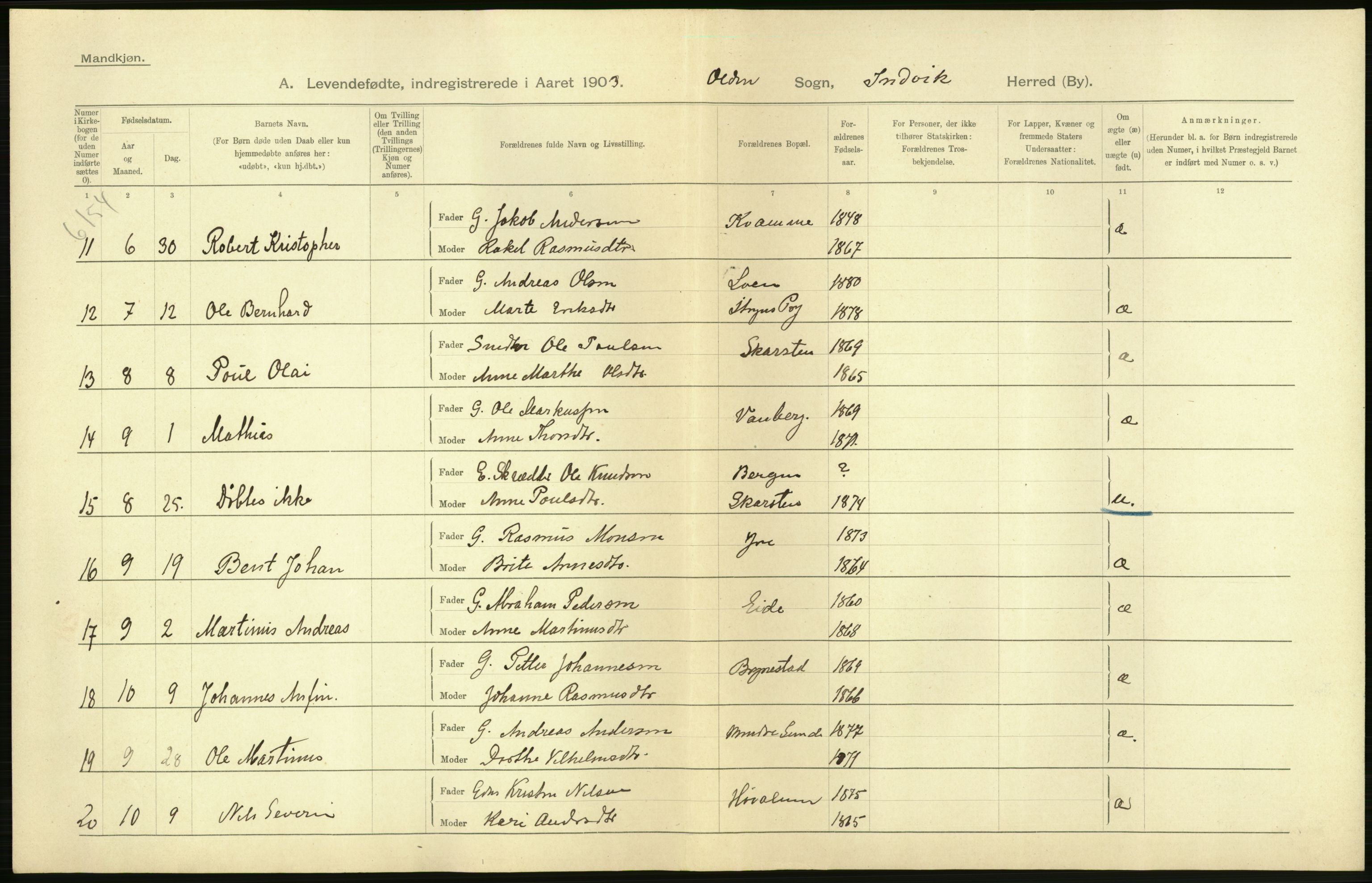 Statistisk sentralbyrå, Sosiodemografiske emner, Befolkning, AV/RA-S-2228/D/Df/Dfa/Dfaa/L0015: Nordre Bergenhus: Fødte, gifte, døde. Bygder, 1903, p. 14