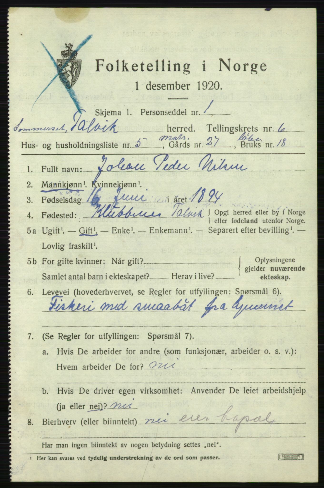 SATØ, 1920 census for Talvik, 1920, p. 3672