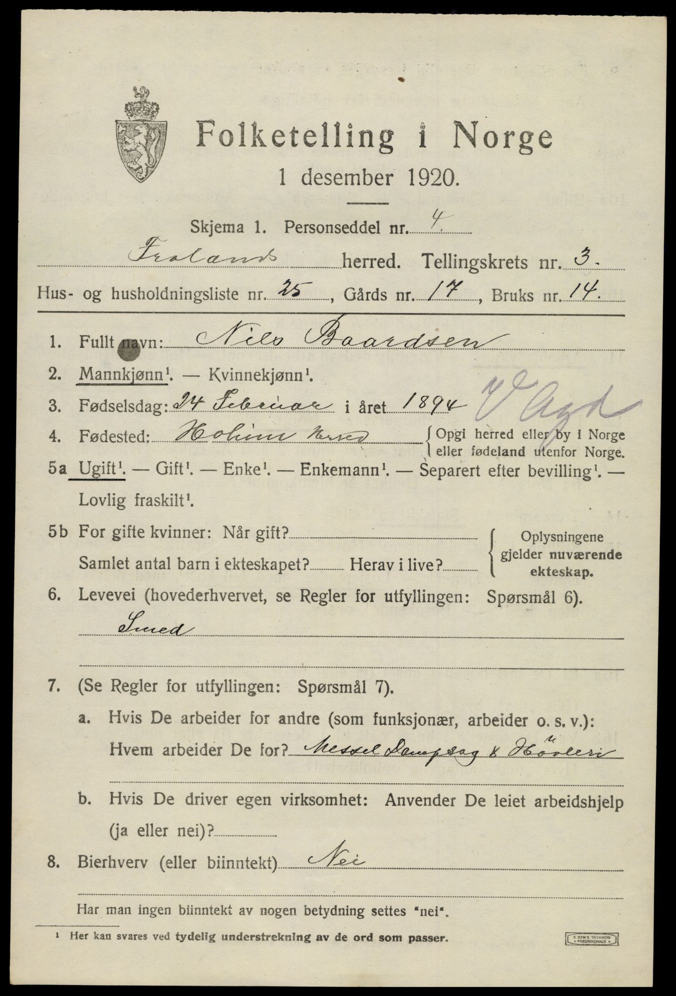 SAK, 1920 census for Froland, 1920, p. 2873